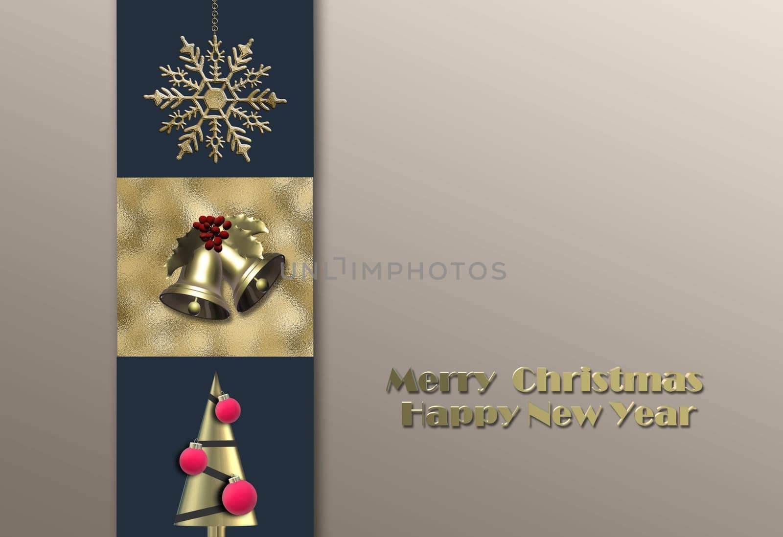 Christmas holiday card. Christmas New Year ornament on pastel background Gold text Merry Christmas Happy New Year. 3D illustration