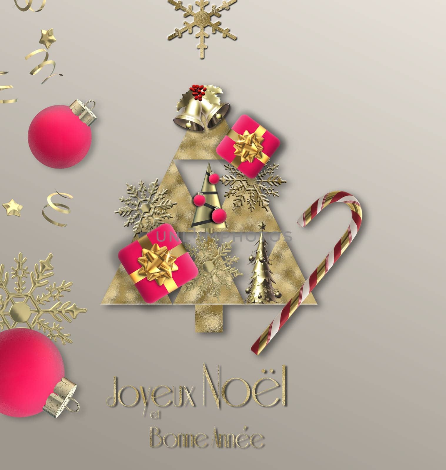Merry Christmas New Year greeting card. Abstract holiday card with Xmas tree, balls baubles, gift box in pastel colours. Gold text Merry Christmas Happy New Year. 3D illustration