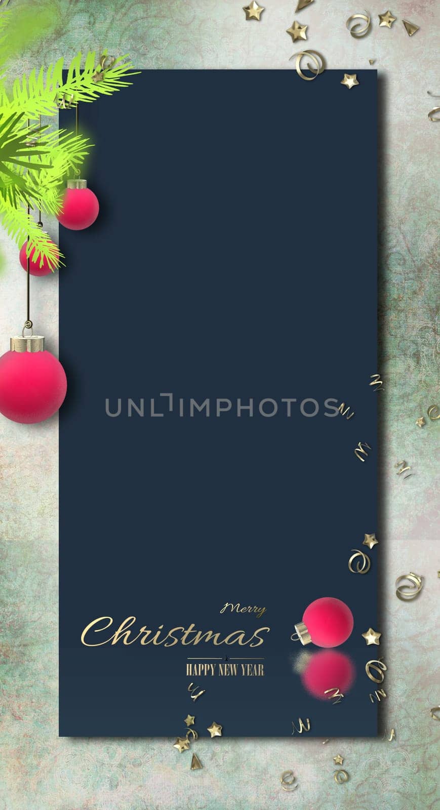 Christmas menu template. Luxury design for Christmas New Year invitation. Fir branches, red baubles over blue. Place for text, mock up. 3D render