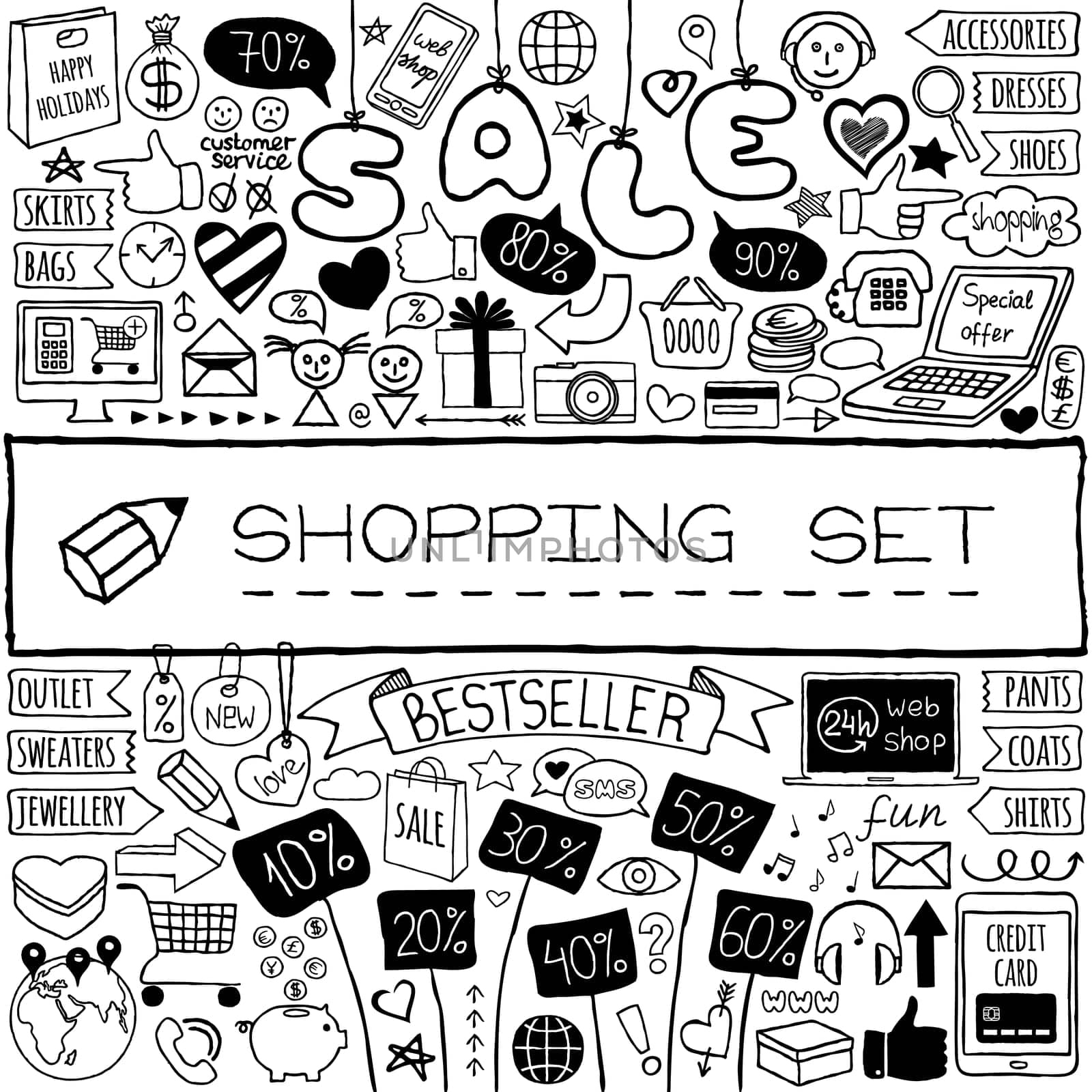 Shopping doodle set. Hand drawn icons collection with discount tags, computer, laptop, smartphone, basket, gift box, hearts, stars and banners. Online shopping, holiday and Christmas sale concept.