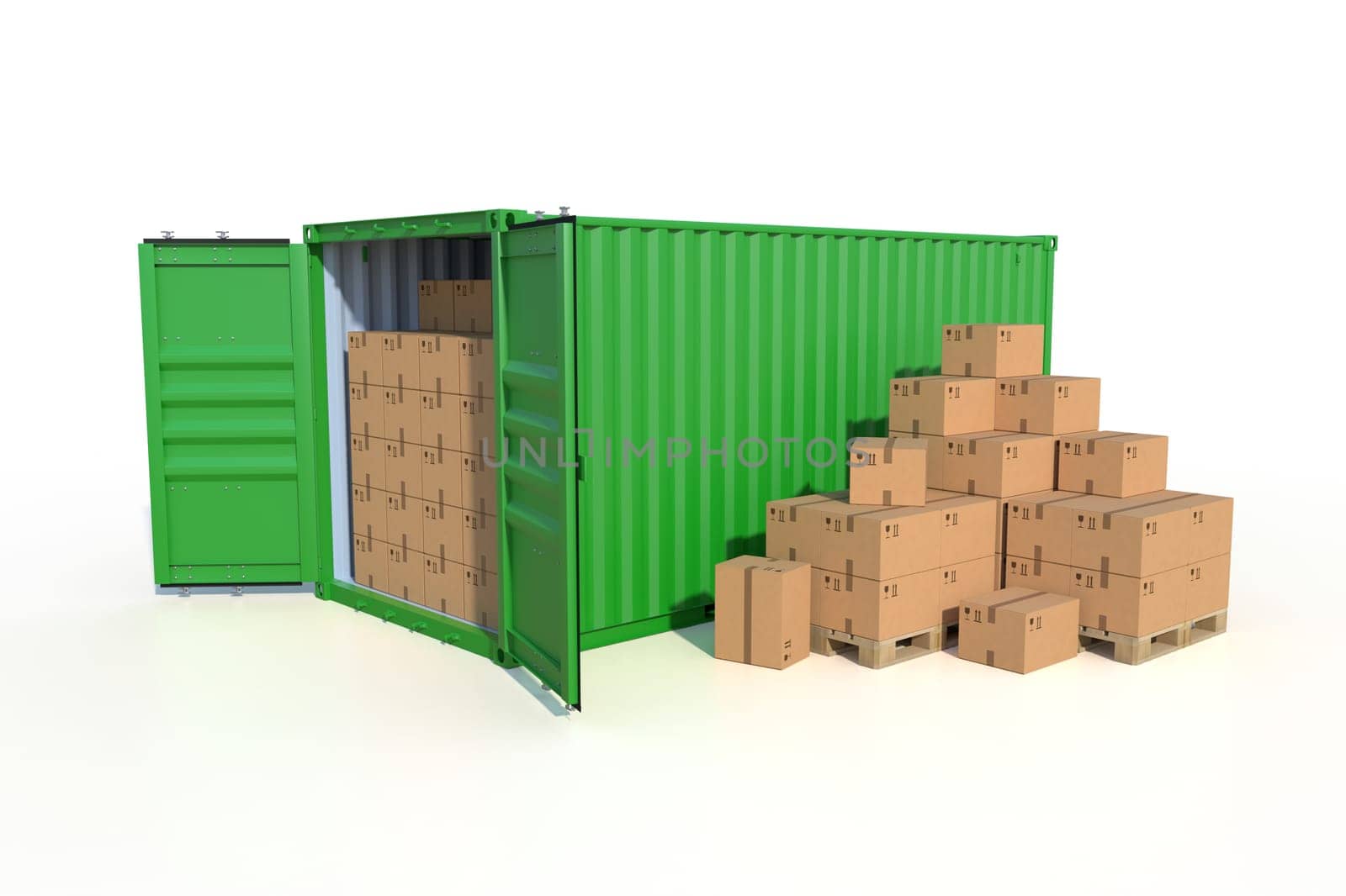 Ship cargo container side view, open doors, full with cardboard boxes. Pile of cardboard boxes on pallet. 3D illustration