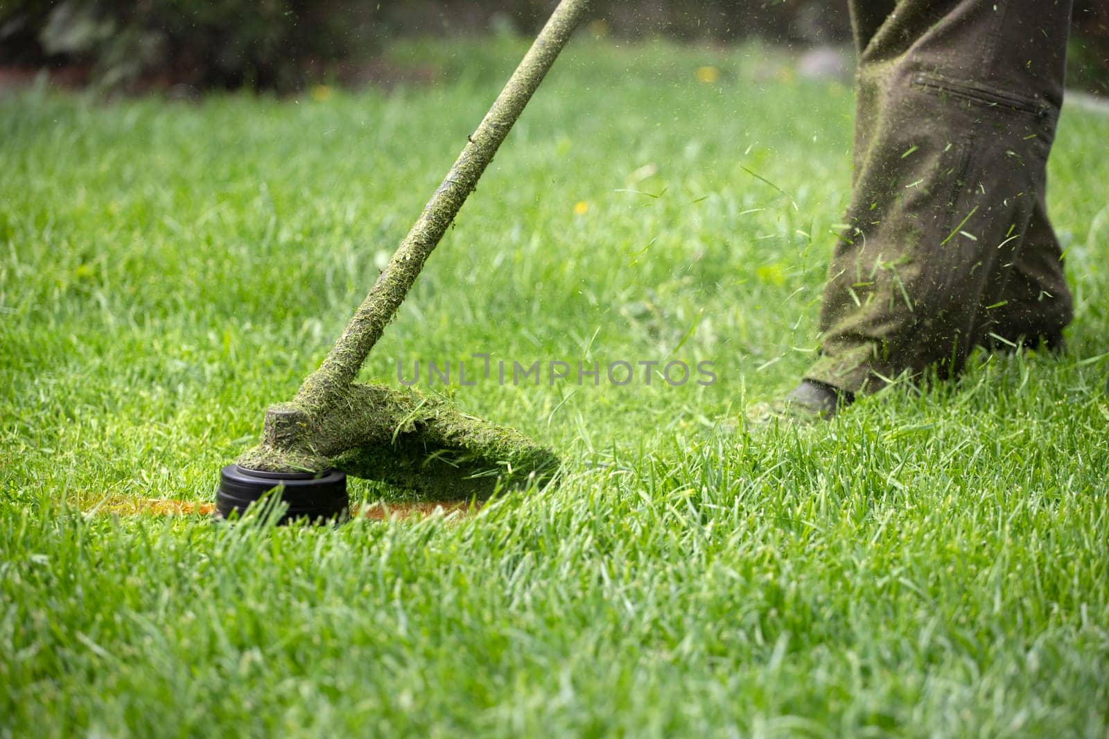 Mowing the grass with a lawn mower. Garden work concept background.