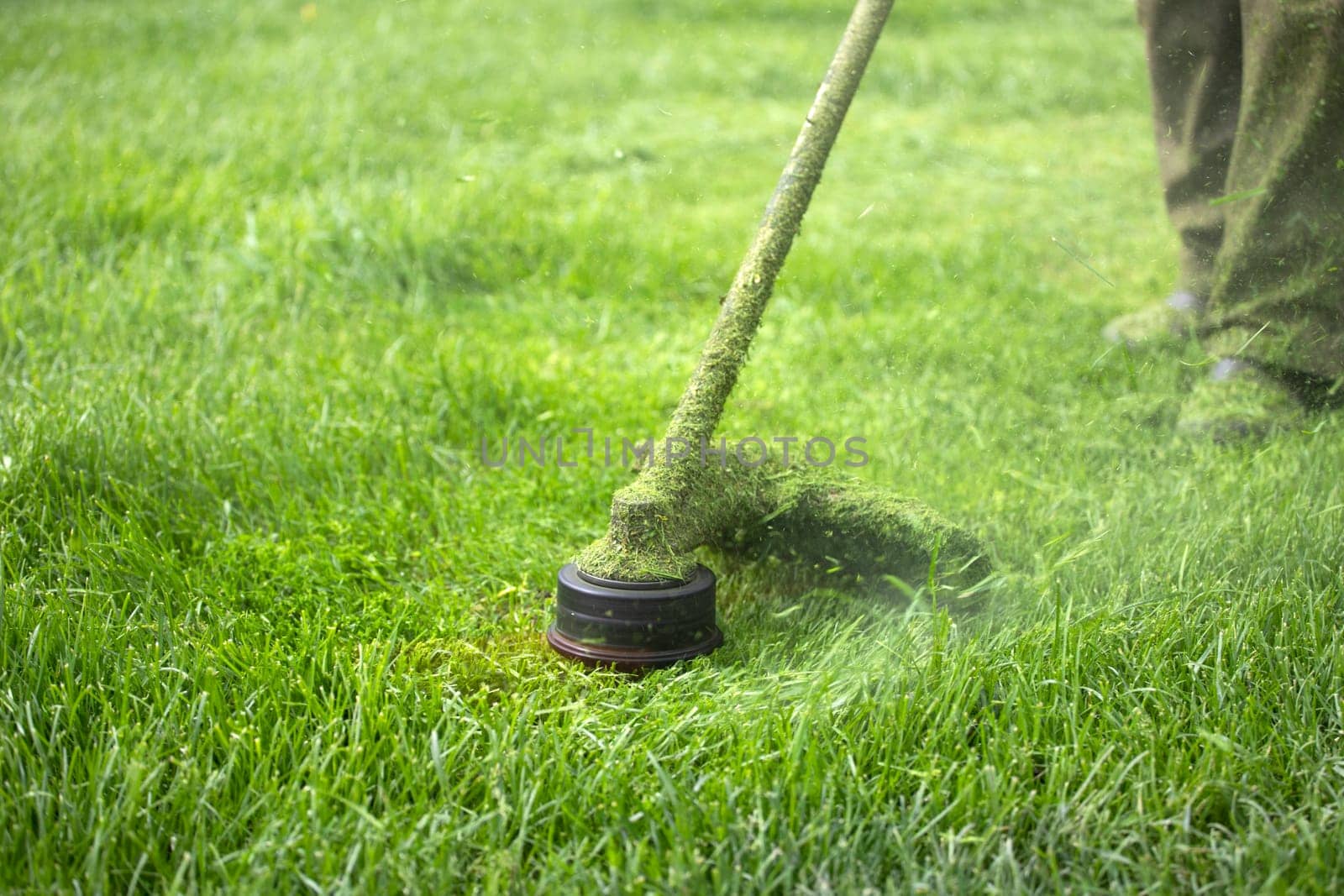 Mowing the grass with a lawn mower. Garden work concept background.