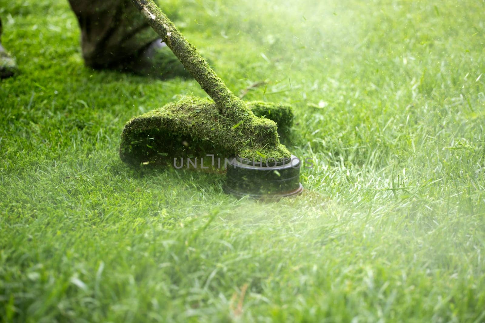 Mowing the grass with a lawn mower. Garden work concept background.