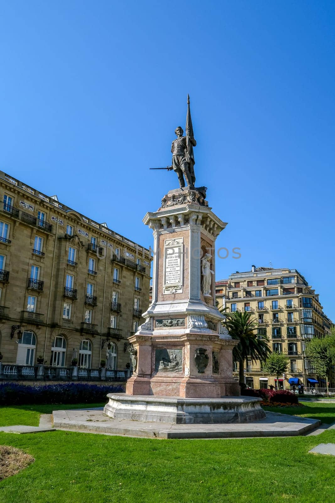 San Sebastian, Spain september 12, 2020: Square with monument to admiral Antonio de Oquendo in San Sebastian, Spain