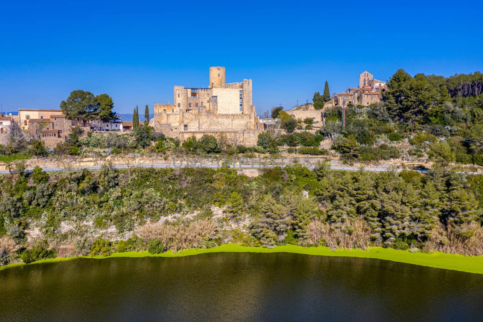 Aerial view of the foix swamp, Castle and Church of Sant Pedro, in Castellet Catalonia Spain