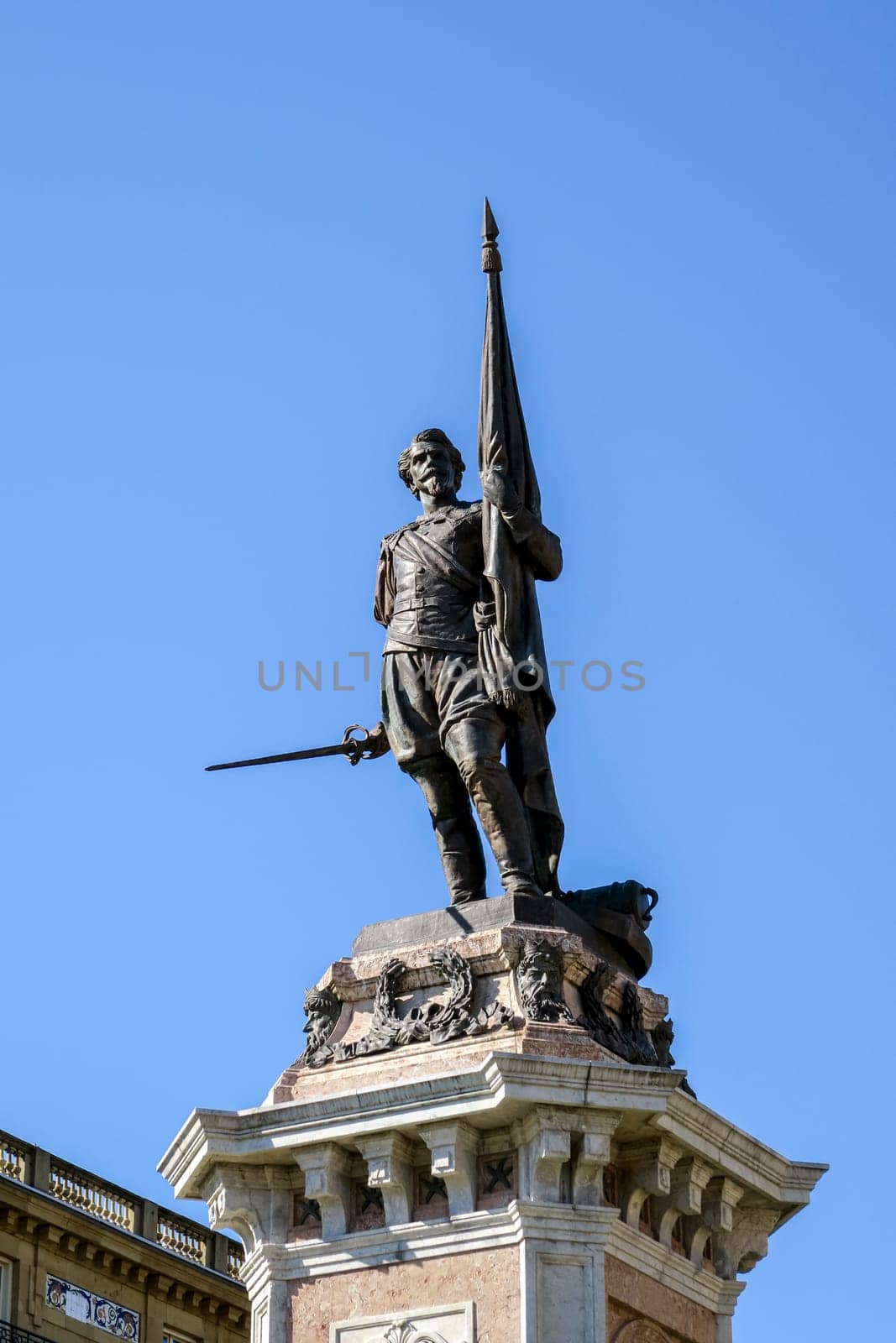 San Sebastian, Spain september 12, 2020: Square with monument to admiral Antonio de Oquendo in San Sebastian, Spain