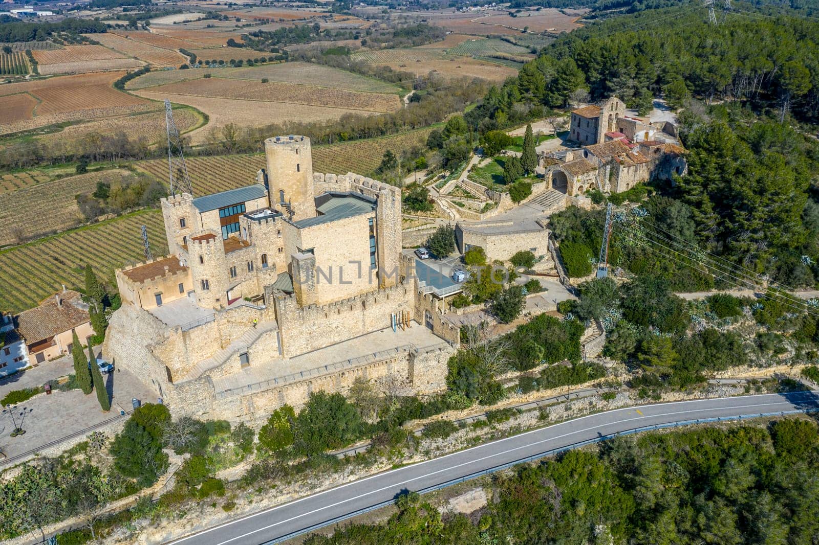 Castle and Church of Sant Pedro, in Castellet Catalonia Spain, Aerial view