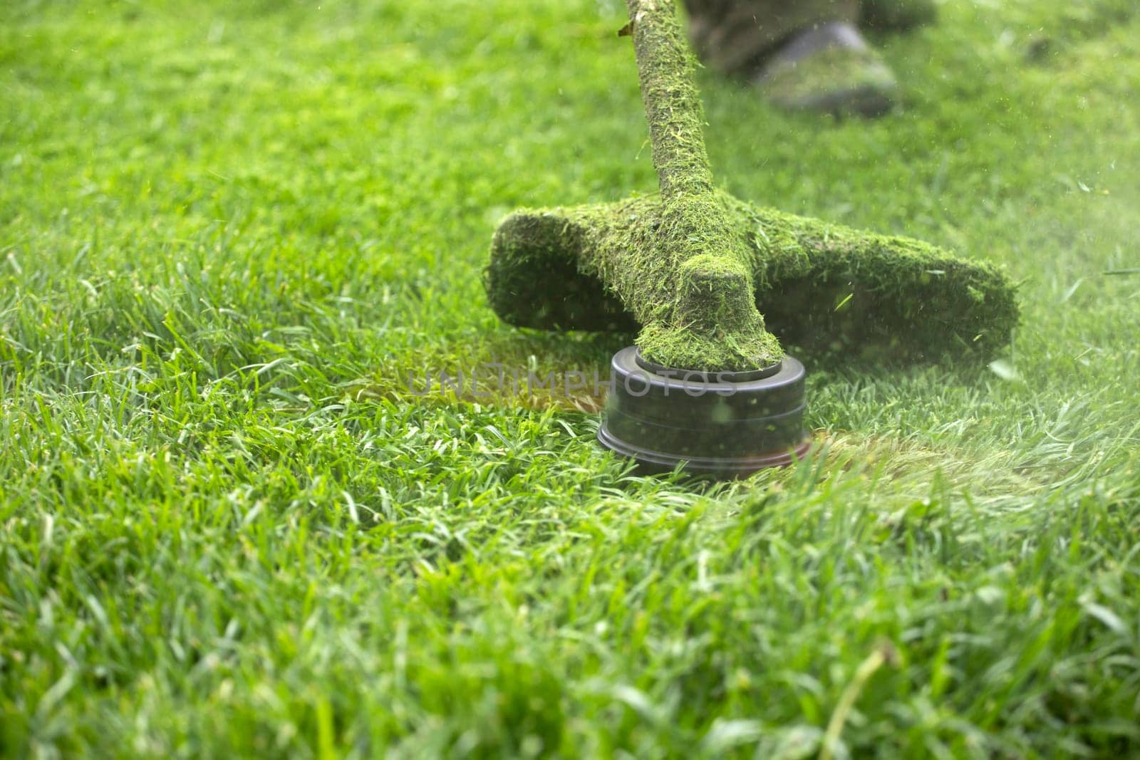 Mowing the grass with a lawn mower. Garden work concept background.