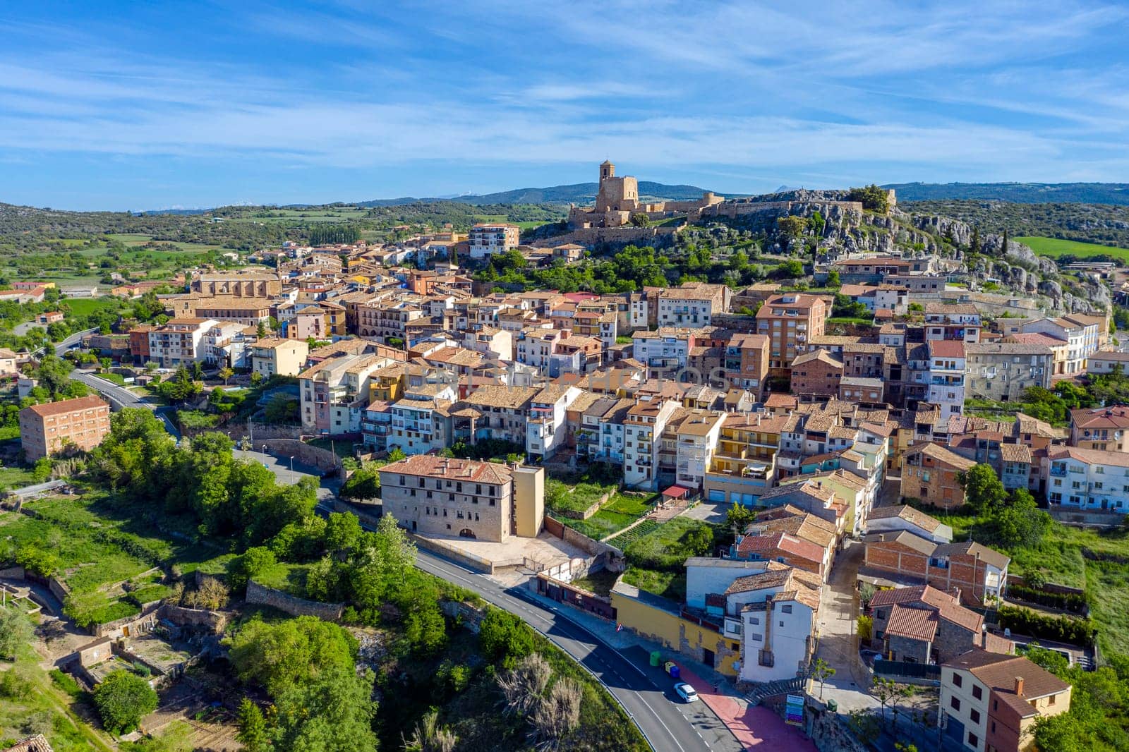 Panoramic view of Benabarre, a Spanish town and municipality of La Ribagorza, in the province of Huesca, Aragon.