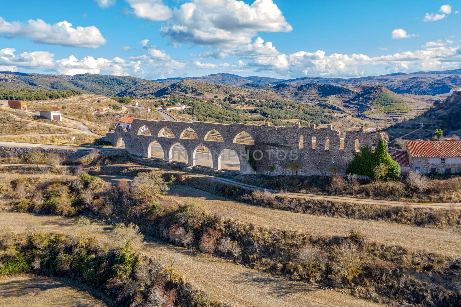Morella aqueduct in Castellon Maestrazgo at Spain blue sky