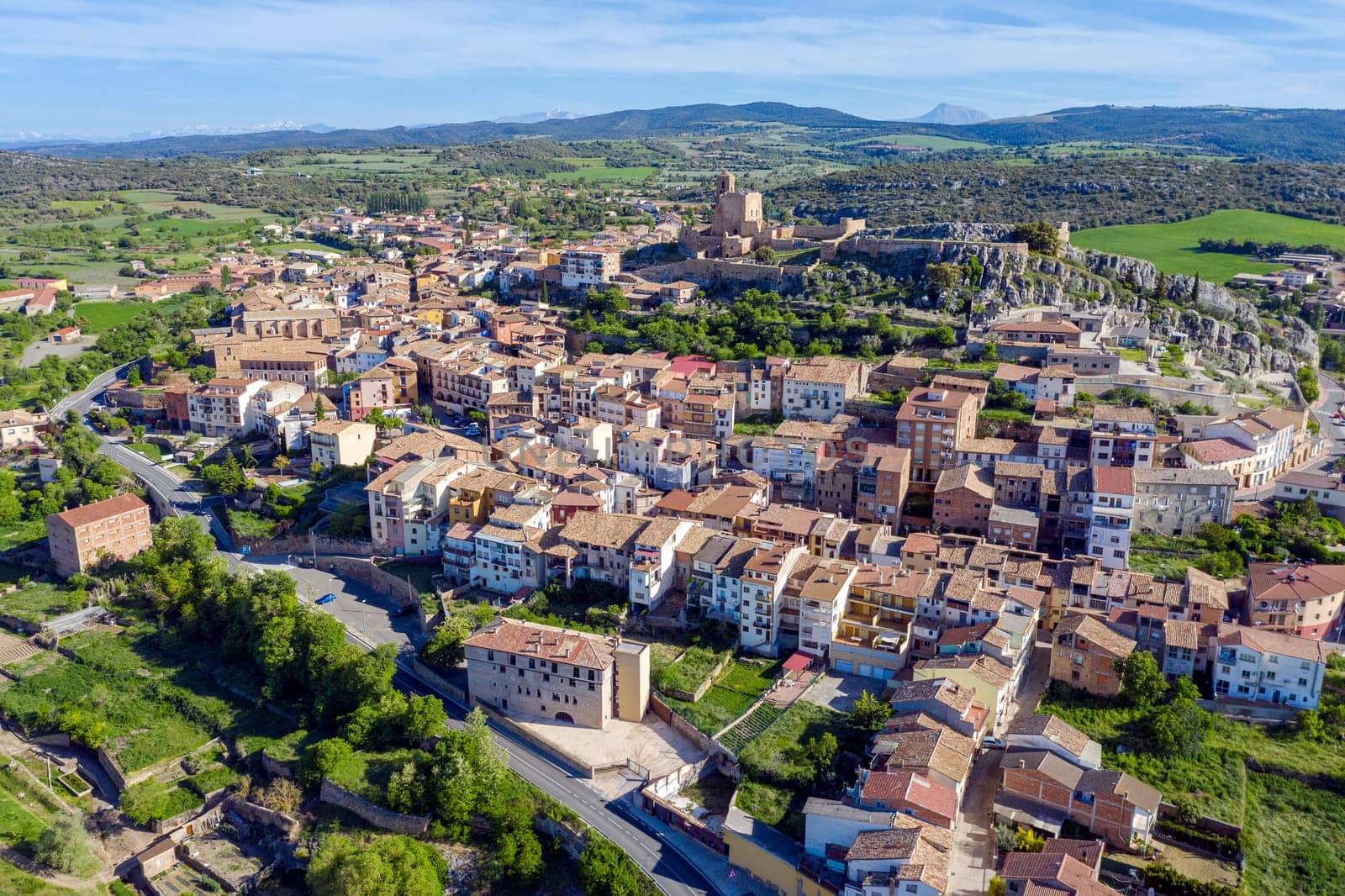 Panoramic view of Benabarre, a Spanish town and municipality of La Ribagorza, in the province of Huesca, Aragon.