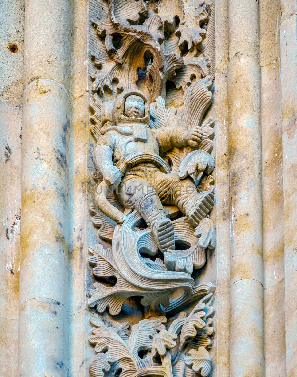 Astronaut carved on the facade of the cathedral of Salamanca in Spain.