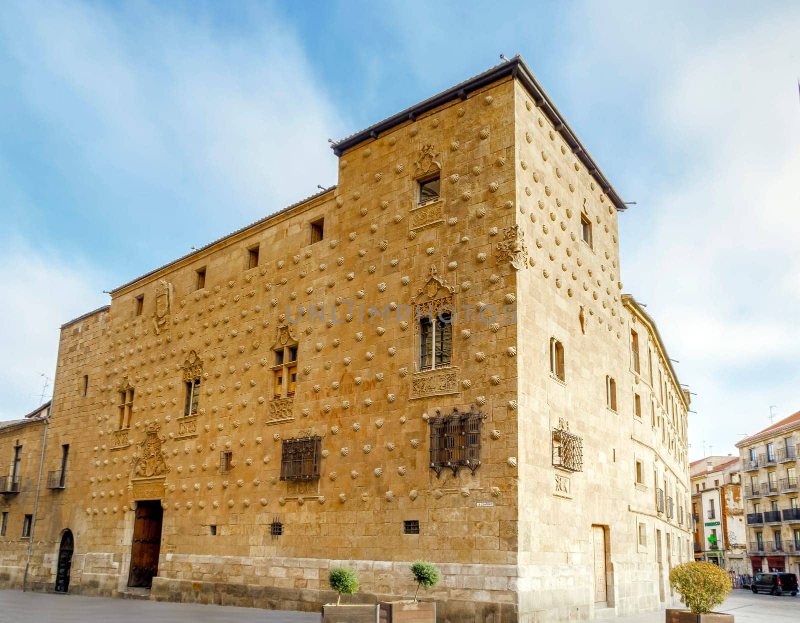 Facade of the Casa de las Conchas in Salamanca, Castilla y Leon, Spain. Dates from the end of the 15th century