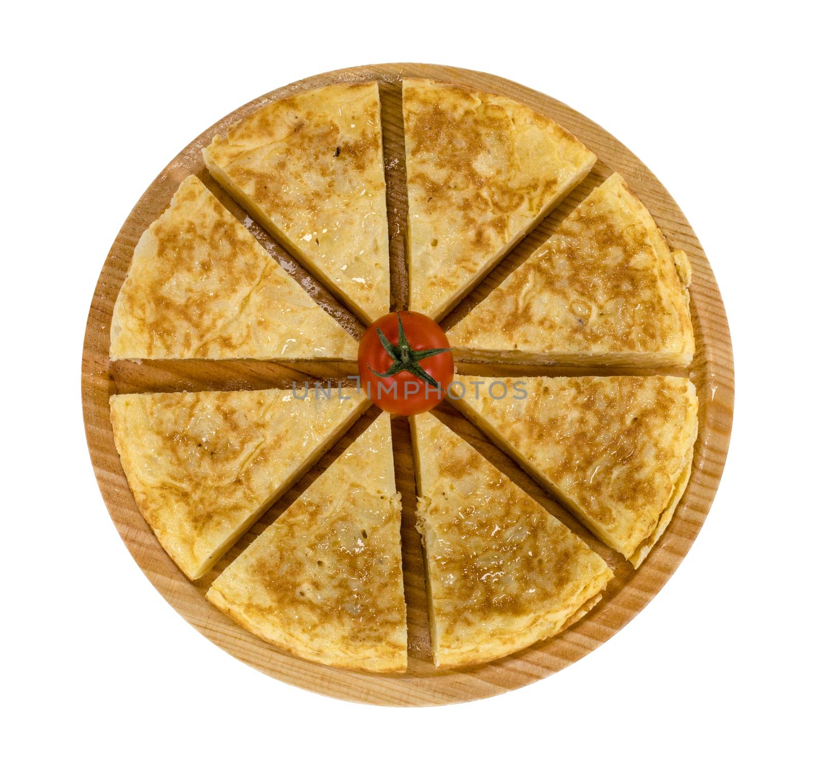 A triangle of potato Spanish omelette on a plate isolated background in white color