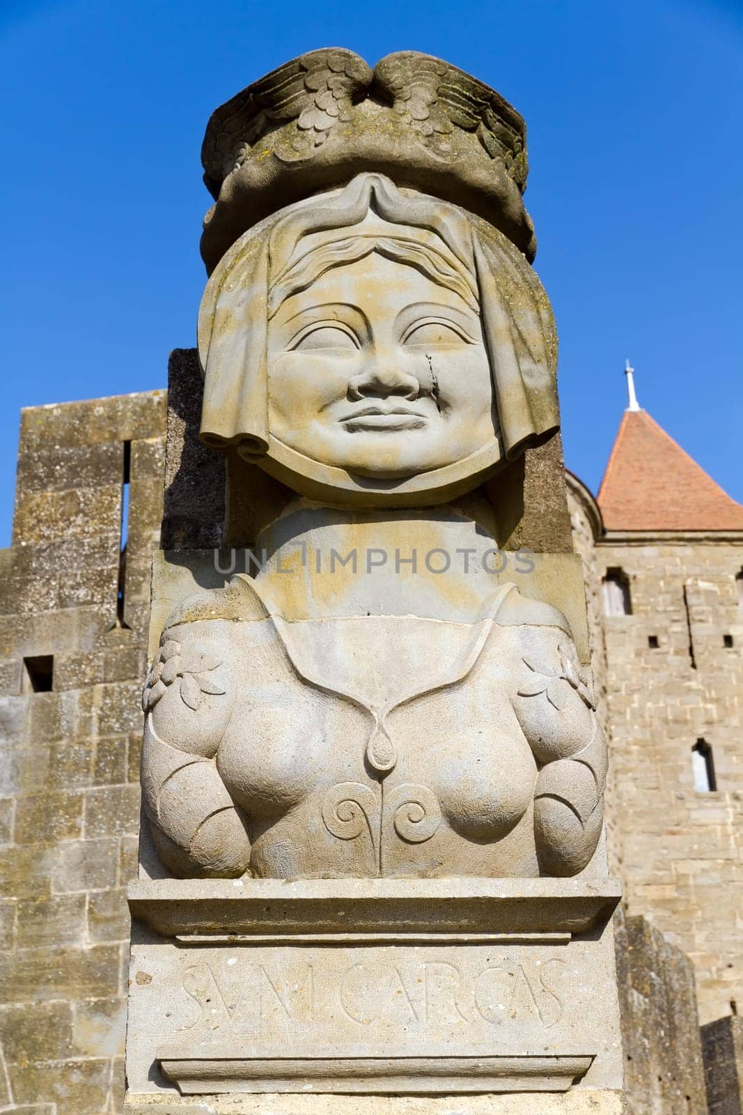 La Dame Carcas, located opposite the entrance towers of the city, Carcassonne France.