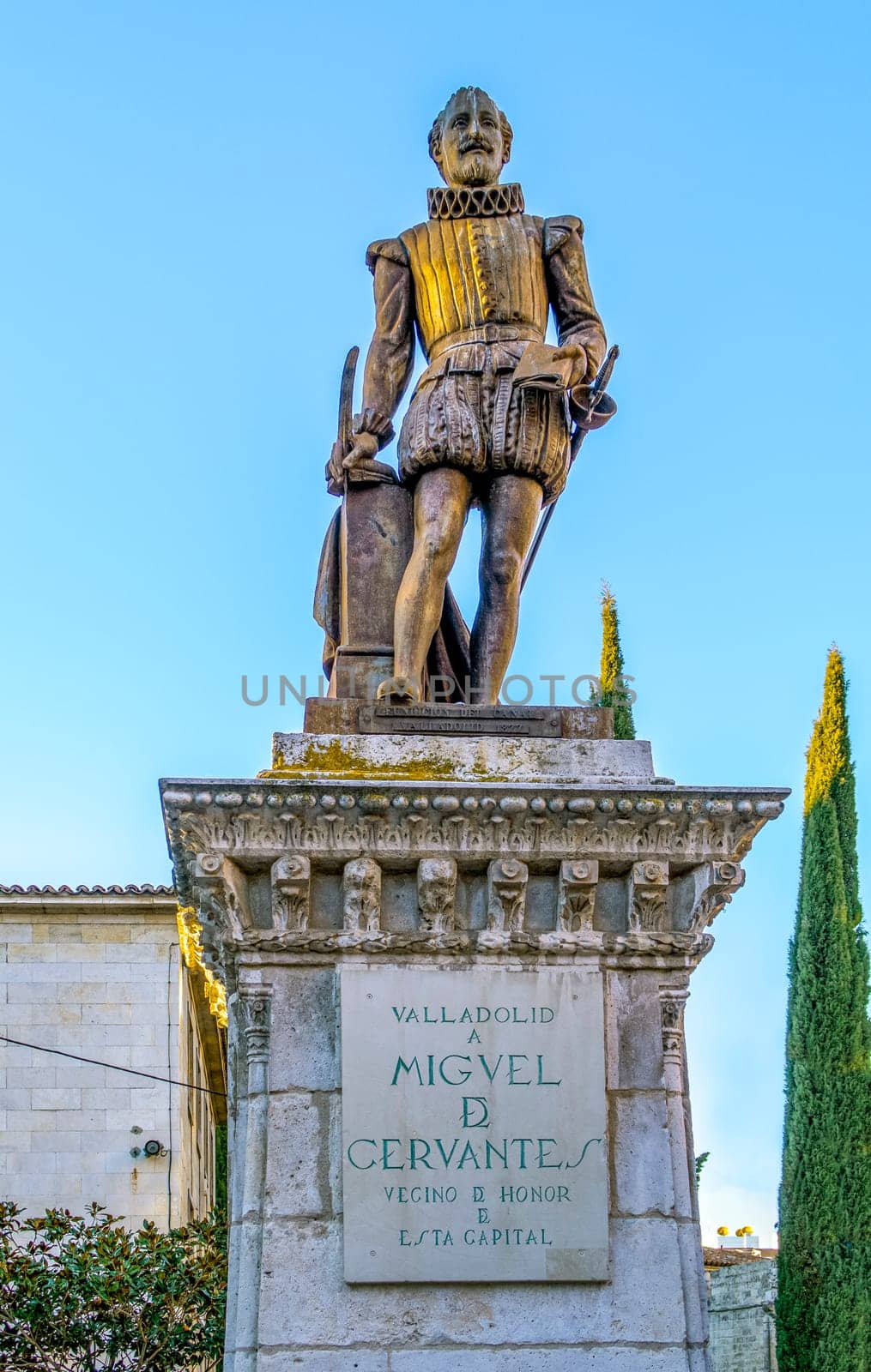 Statue of Cervantes Spain's most famous author in Valladolid Castile and Leon Spain. This statue is more than 100 years old no property release is required.