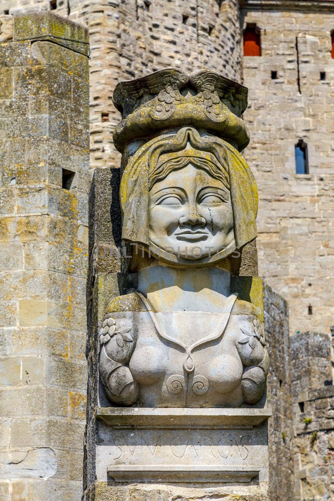 La Dame Carcas, located opposite the entrance towers of the city, Carcassonne France.