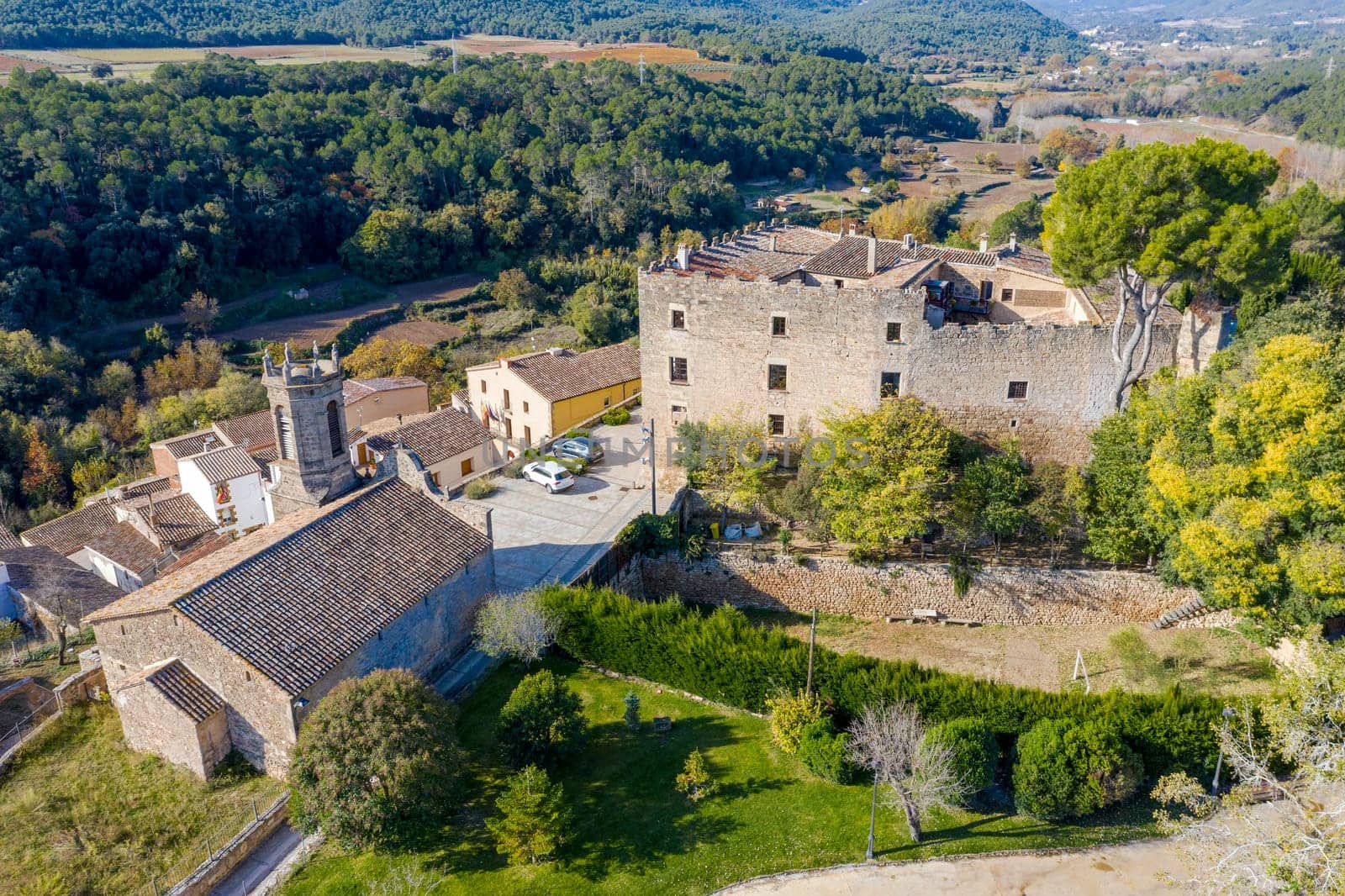 Castle of the tower of claramunt and church of Saint John Baptist, Penedes, Catalonia Spain