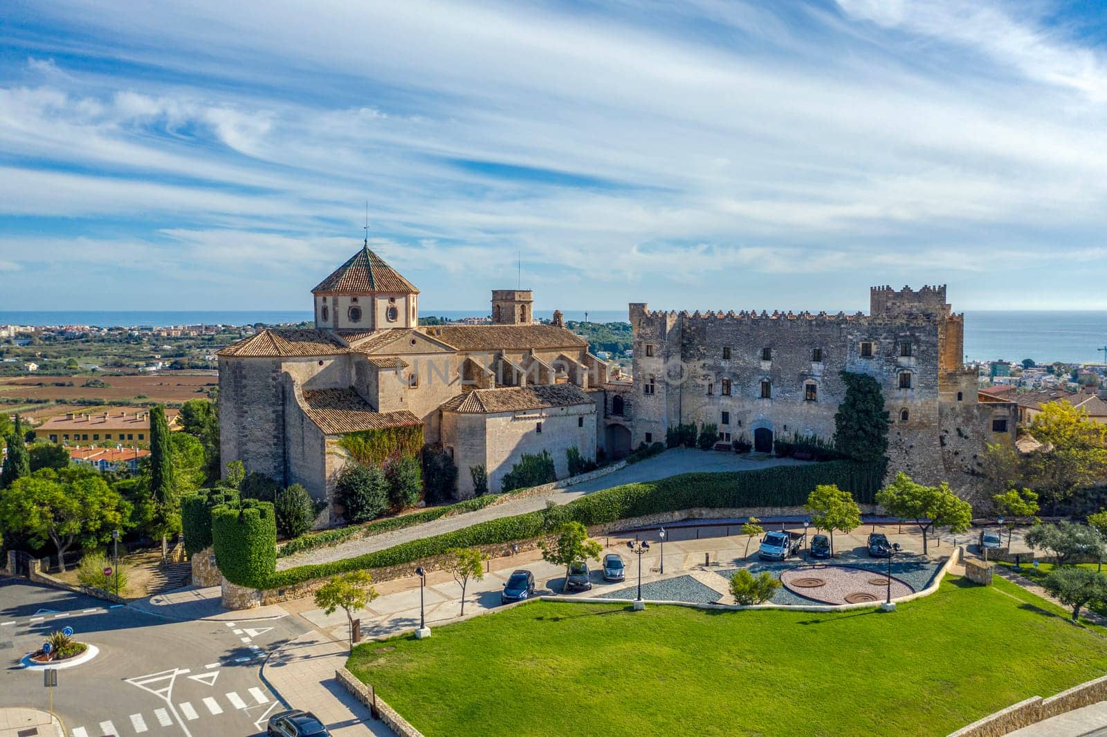 a view of Sant Marti Church and Altafulla Castle in Altafulla, Catalonia Spain