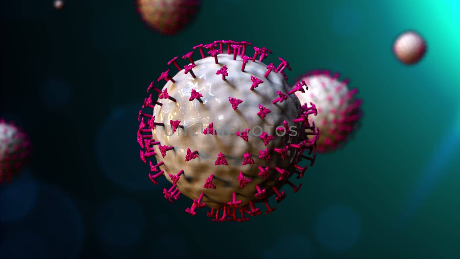 Bacteria with spikes floating in 3d render space. Dangerous respiratory virus covered with protective mucous membrane. Spherical microbiology pandemic of infectious pneumonia.