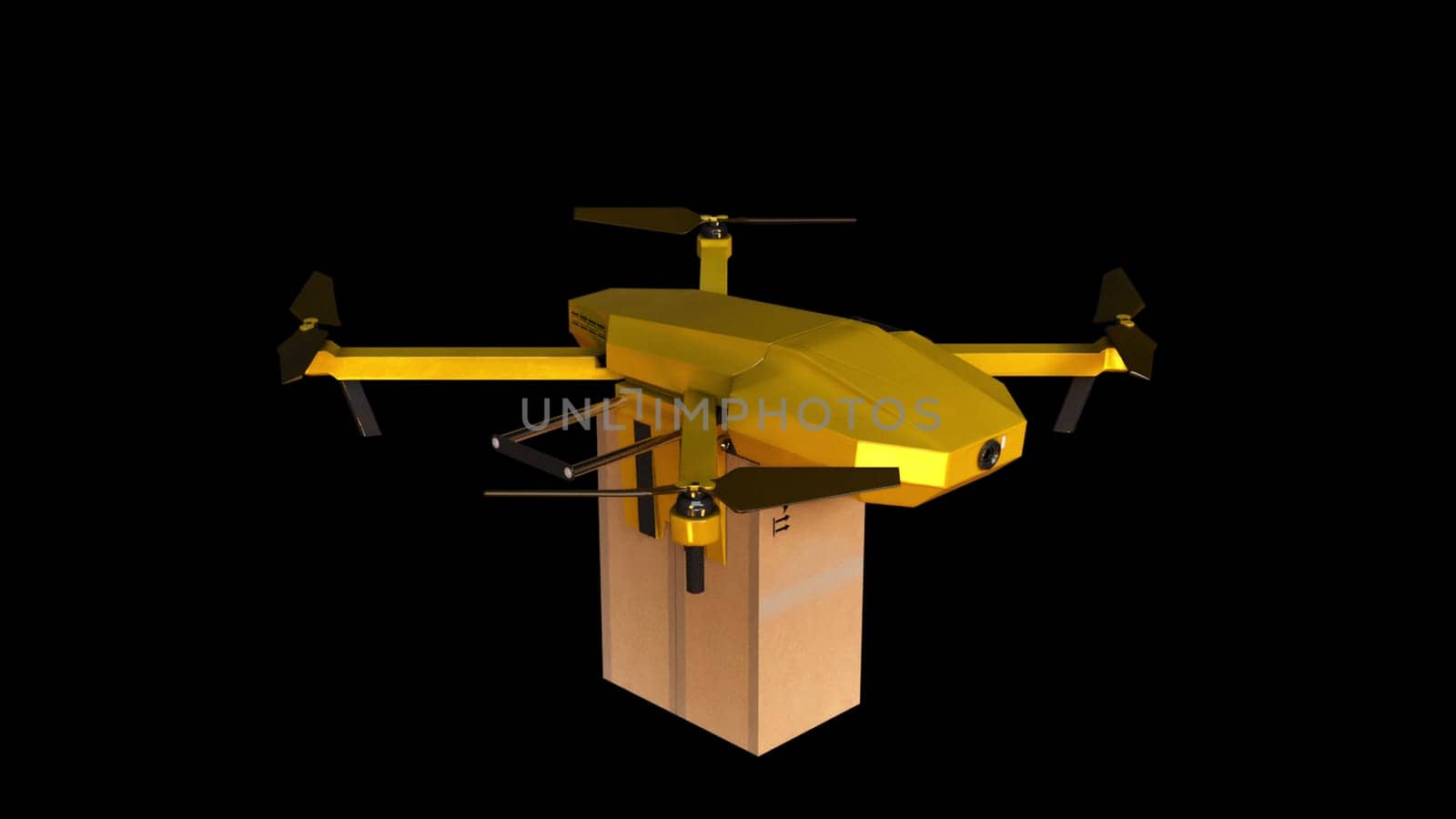 Modern 3d render quadrocopter carries box with order. Digital controlled robotic fast logistics. Unmanned multicopter with powerful propellers for transportation and tracking.