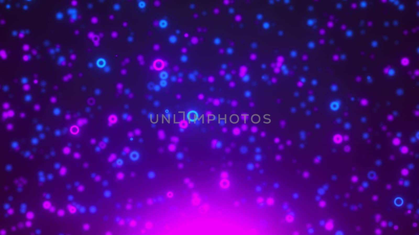 Flickering microscopic circles smoothly scattering in space. Aftermath of supernova 3d render explosion with stardust floating in space. Futuristic molecules in digital festive blur.