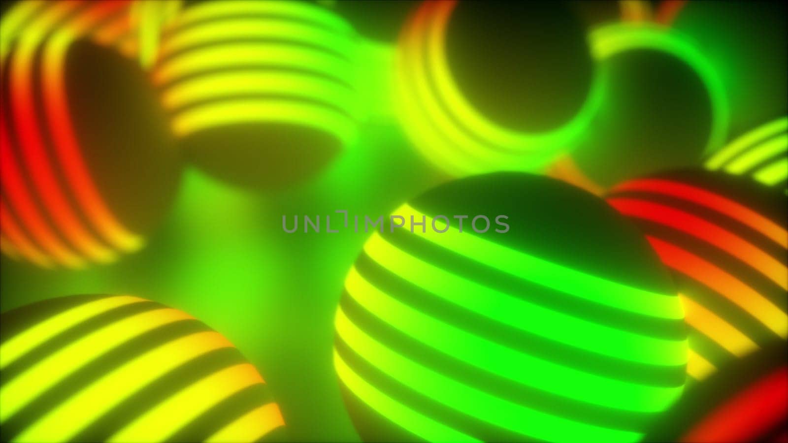 Creative geometric tracery of large 3d render balls spinning in space. Bright planets shape in digital concept of global decoration movement in hazy cosmic surface.
