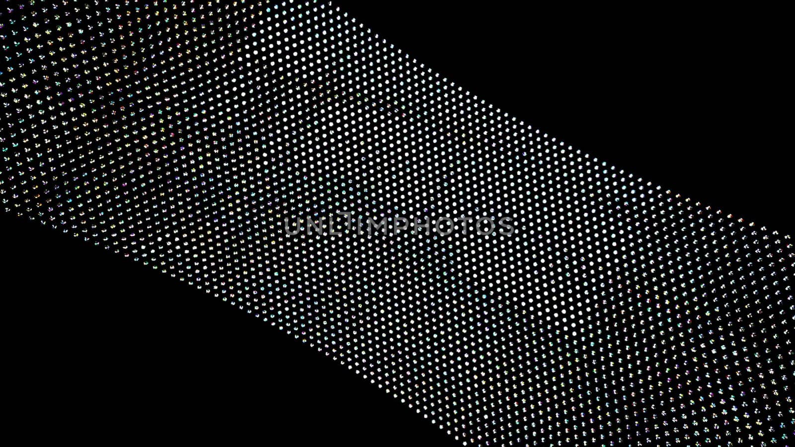 Geometric 3d render of wide strip dotted with even rows precious stones. Fields brilliant crystals swirling in darkness space. Rich design elite presentation with creative curves.