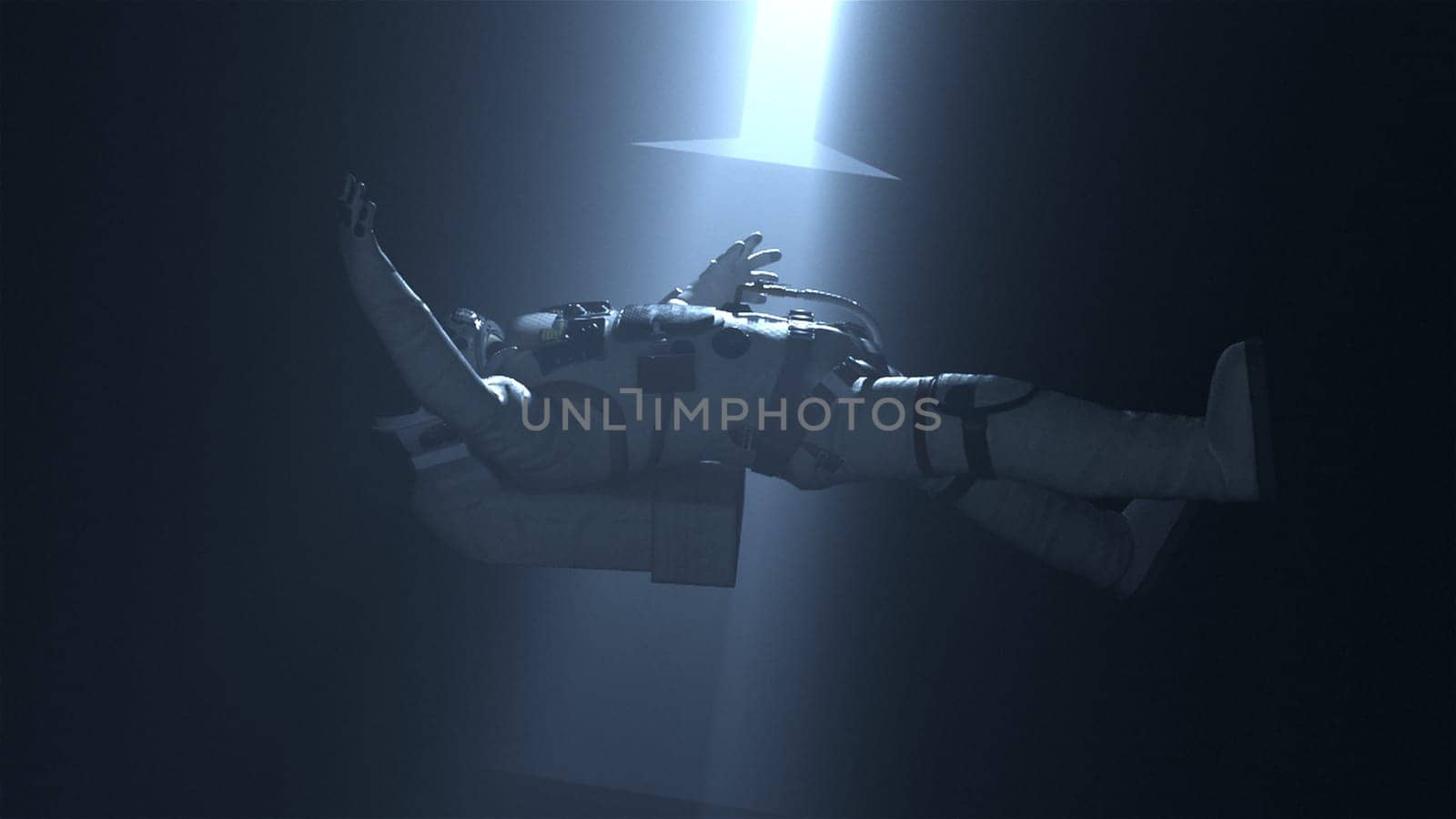 Alien 3d render artifact attracts spaceman in spacesuit with ray. Ancient extraterrestrial technology with levitation effect. Opens astral divine light tunnel after death.
