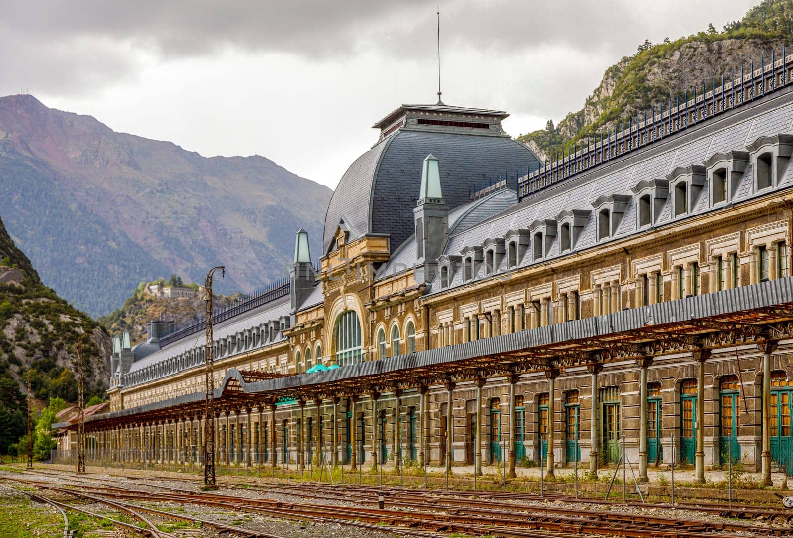 Canfranc, Spain - August 30, 2017: Abandoned railway station of Canfranc Huesca Spain