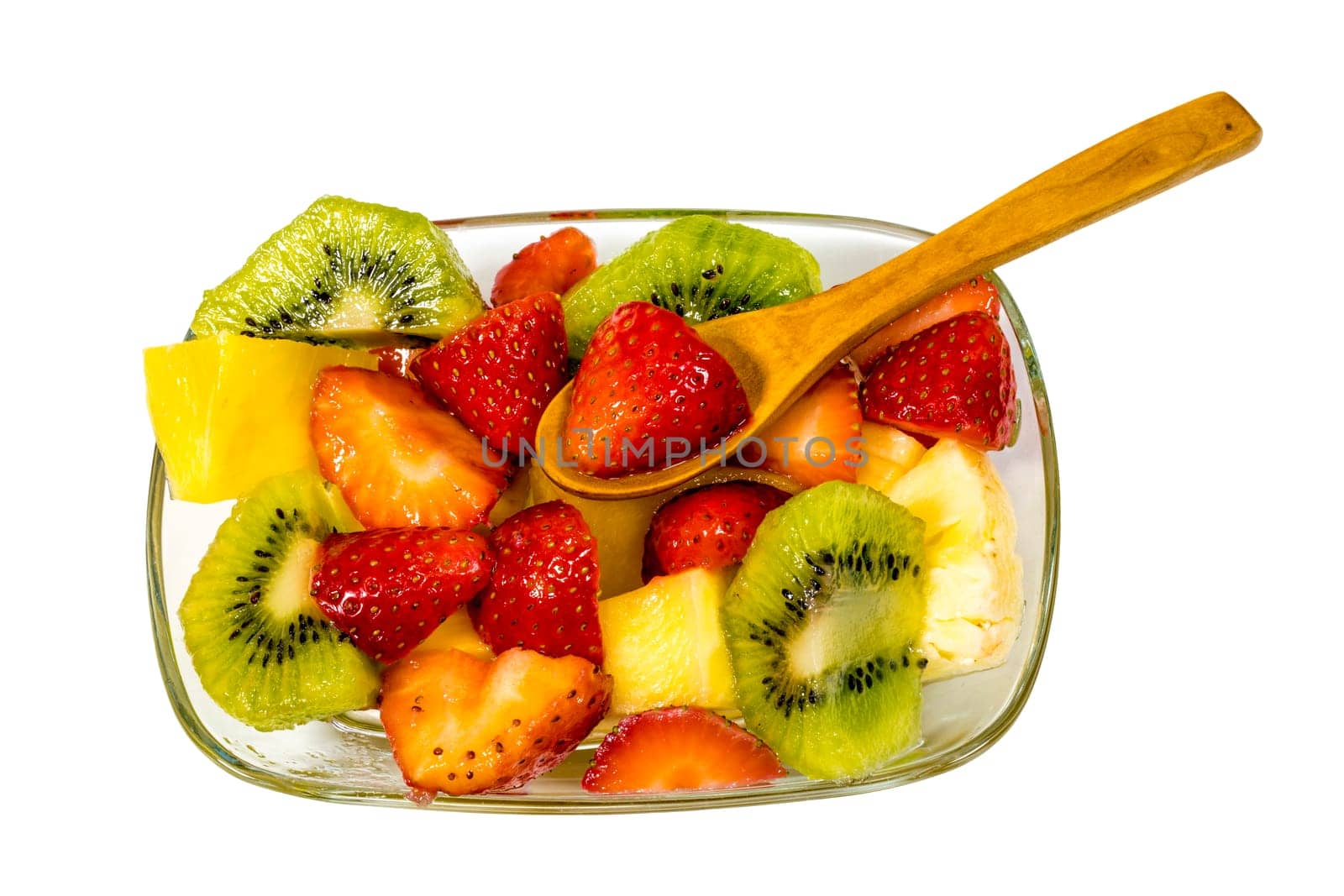 fresh fruit macedonia cut into cubes,Isolated blank background with spoon. Top view