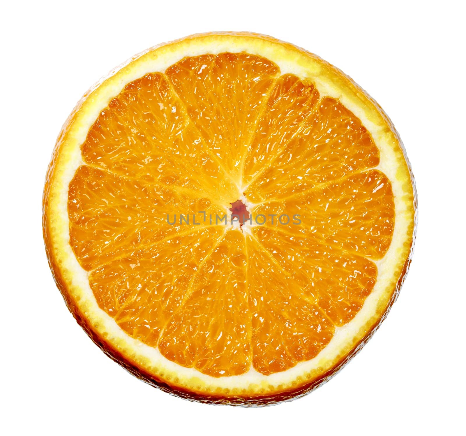 Orange half fruit sliced isolate on white background seen from above flatlay style, close up.