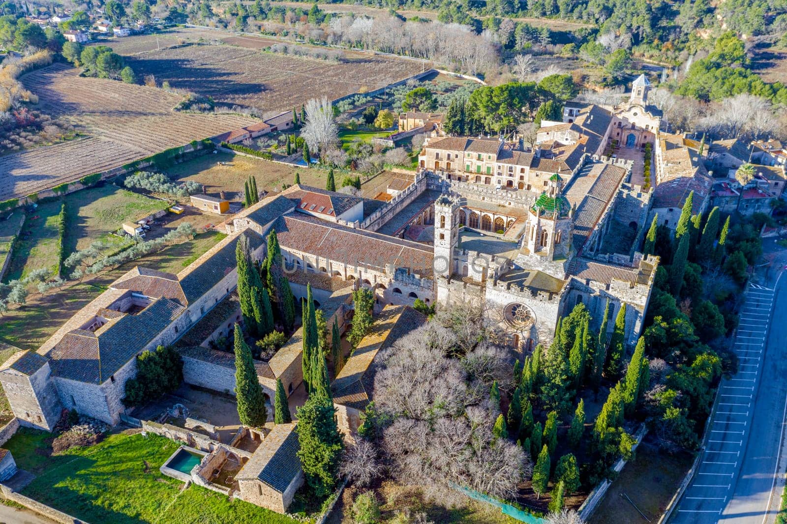 Monastery of Santa Maria de Santes Creus, in Tarragona Spain, Aerial view