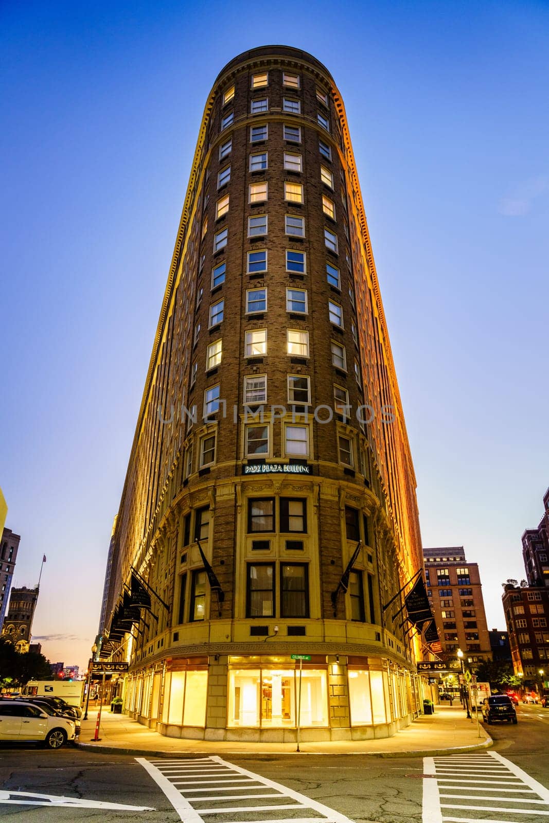 Boston, MA, September 28, 2020: View of historic Park Plaza Hotel in downtown Boston at twilight