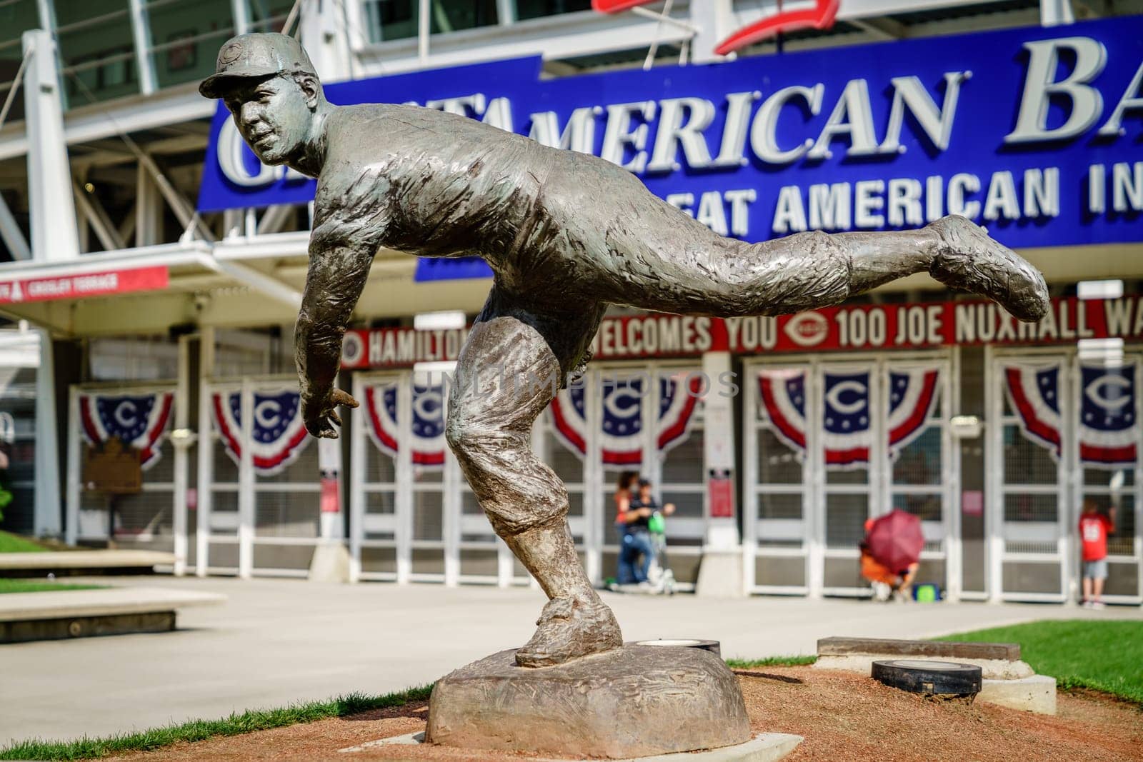 Cincinnati, Ohio, August 29, 2020: Joe Nuxall statue in front of the Great American Ball Park stadium, the home to Cincinnati Reds baseball team