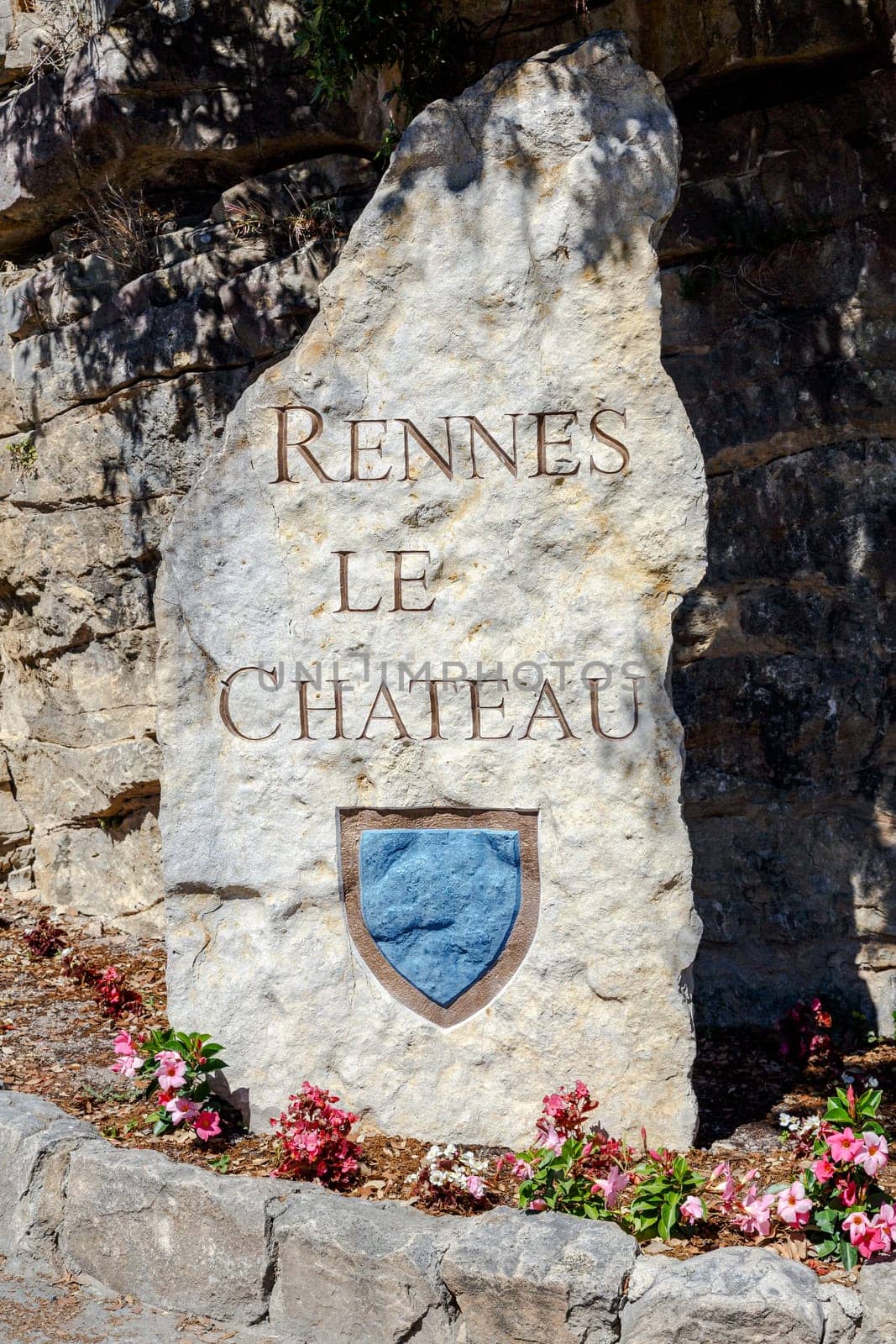 Rennes le Chateau Village stone sign at the entrance, France