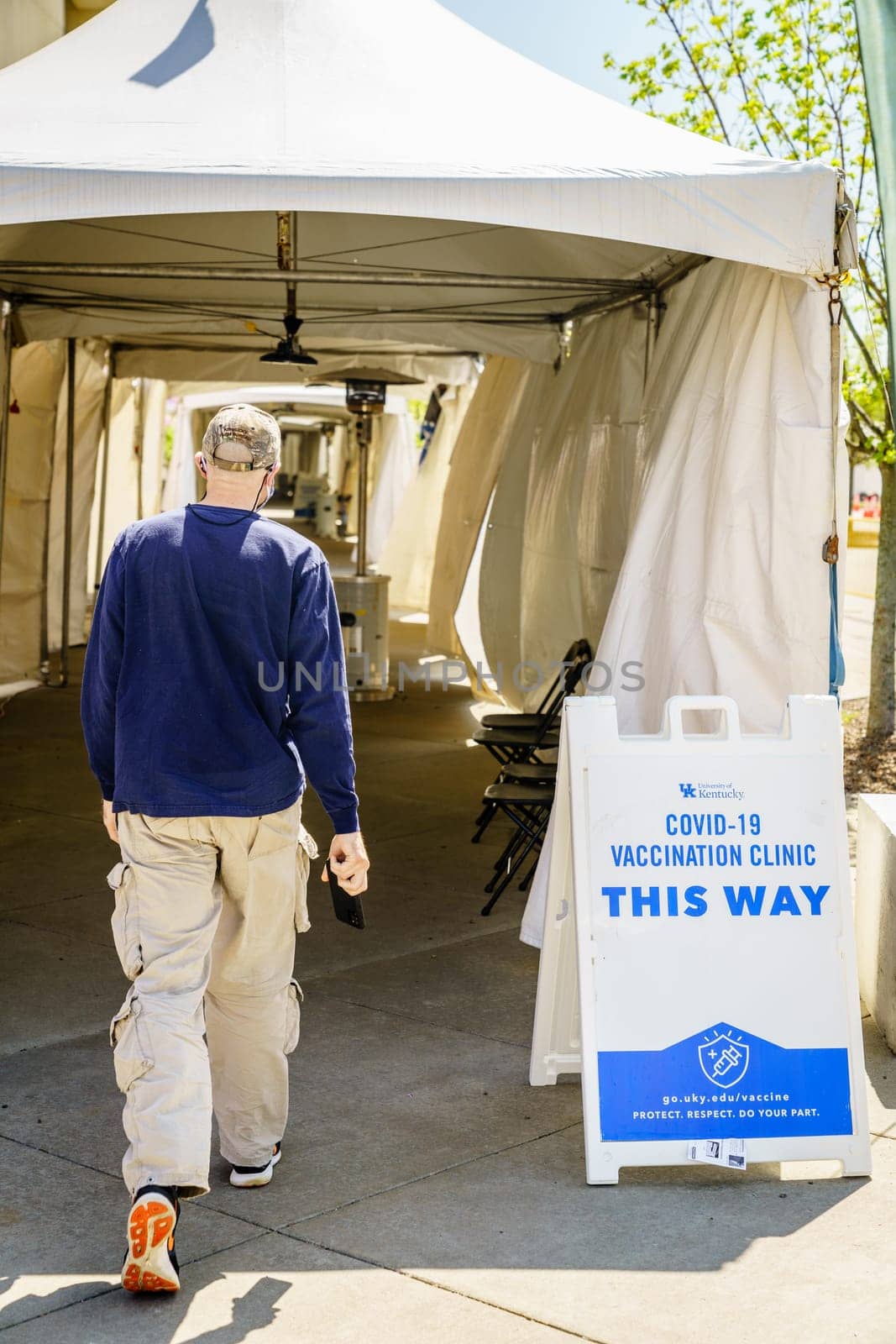 Lexington, Kentucky, April 9, 2021: Entrance to the University of Kentucky vaccination center at Kroger Field Stadium in Lexington, Kentucky