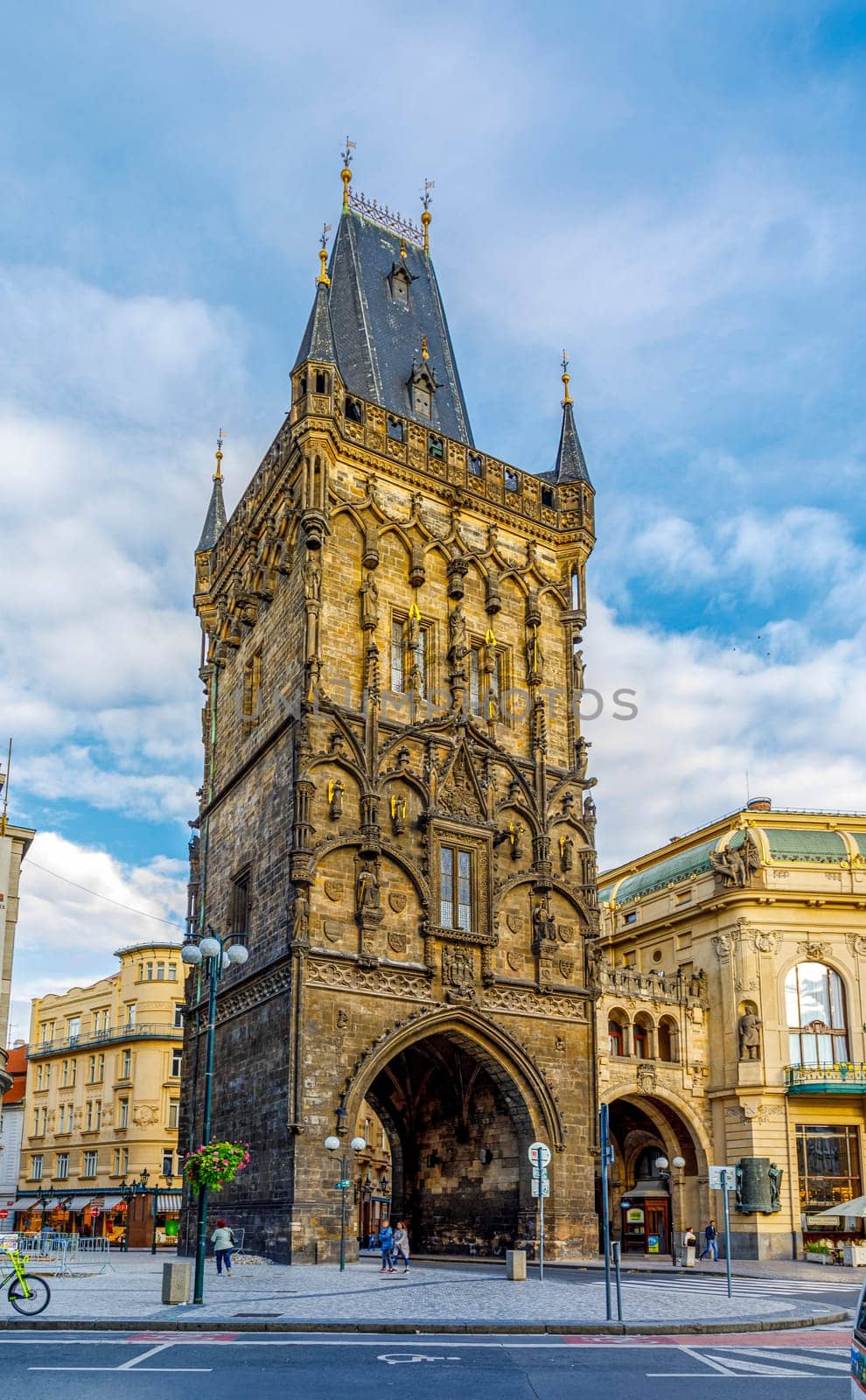 Prague, Czech republic - September 12, 2019: Celetna street and Powder Tower, Gothic city gate to the old Prague.