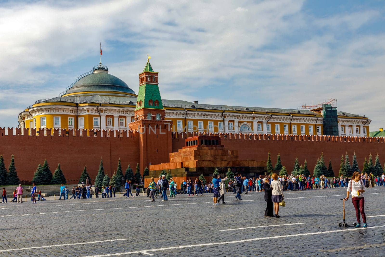 Moscow, Russia - September 15, 2018: Tourists behind Lenin's mausoleum on on Red Square in Kremlin located