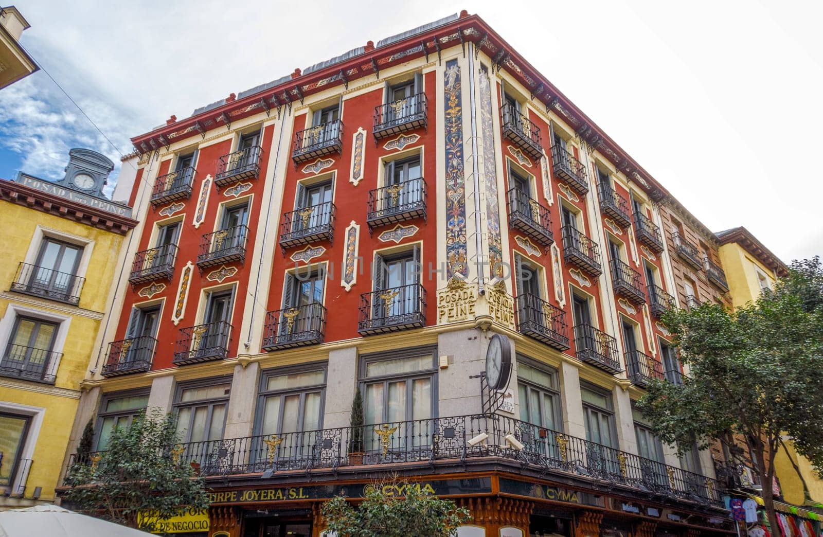 Madrid, Spain - November 10, 2019: Exterior of the Petite Palace Posada hotel. The Petit Palace Posada del Peine Hotel is 4-star superior hotel and it's the oldest hotel in Spain.