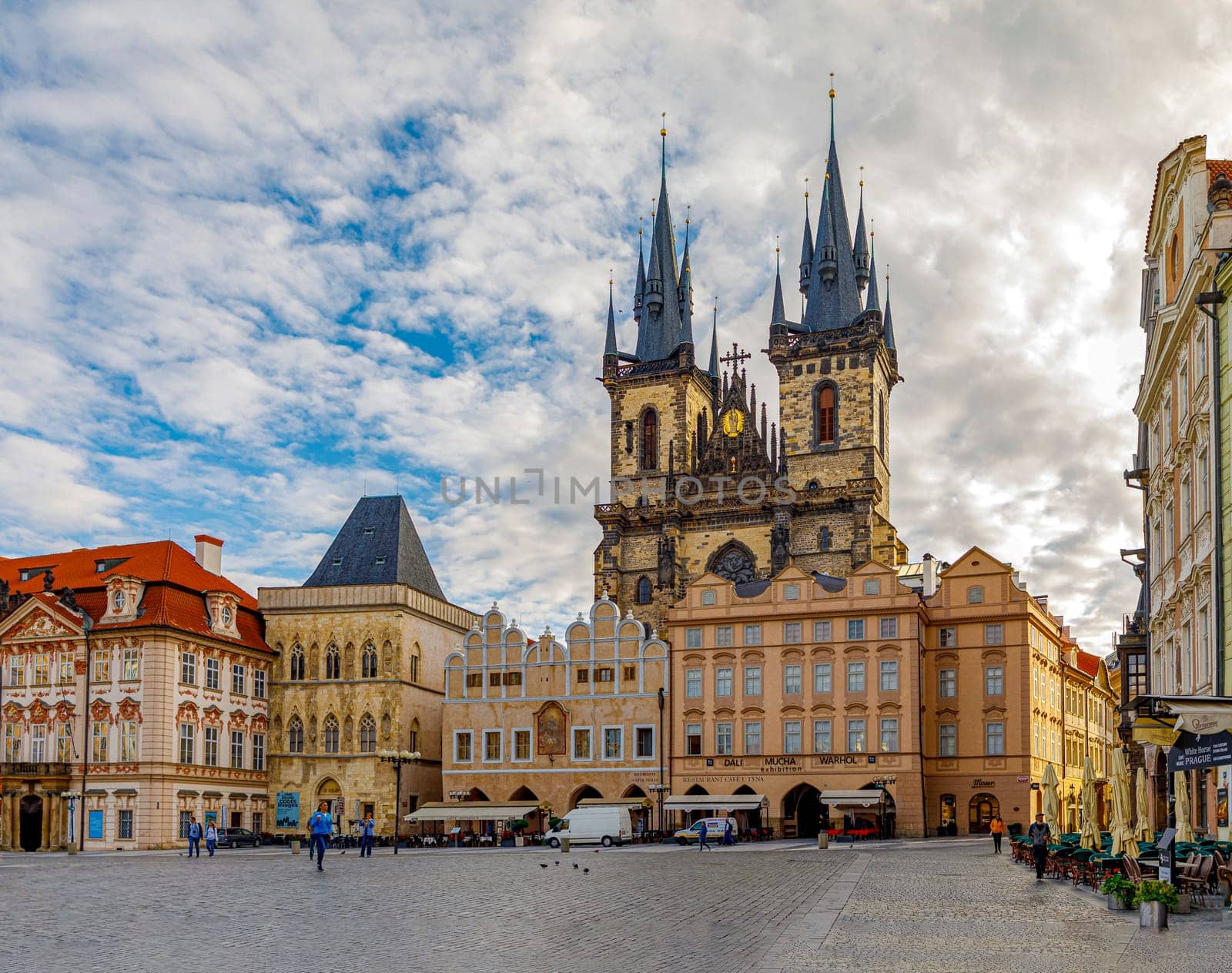 Prague, Czech republic - September 12, 2019: Old Town Square with gothic Church of Our Lady before Tyn and famous buildings in city center Prague