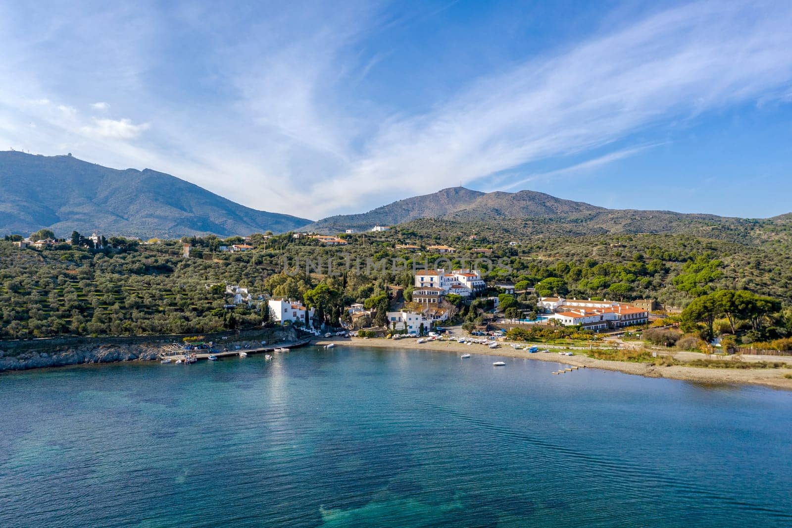 Port Lligat in Spain with a tree in the foreground. Port Lligat is a village located on the Costa Brava at northeastern Catalonia in Spain. Salvador Dali lived in the village.