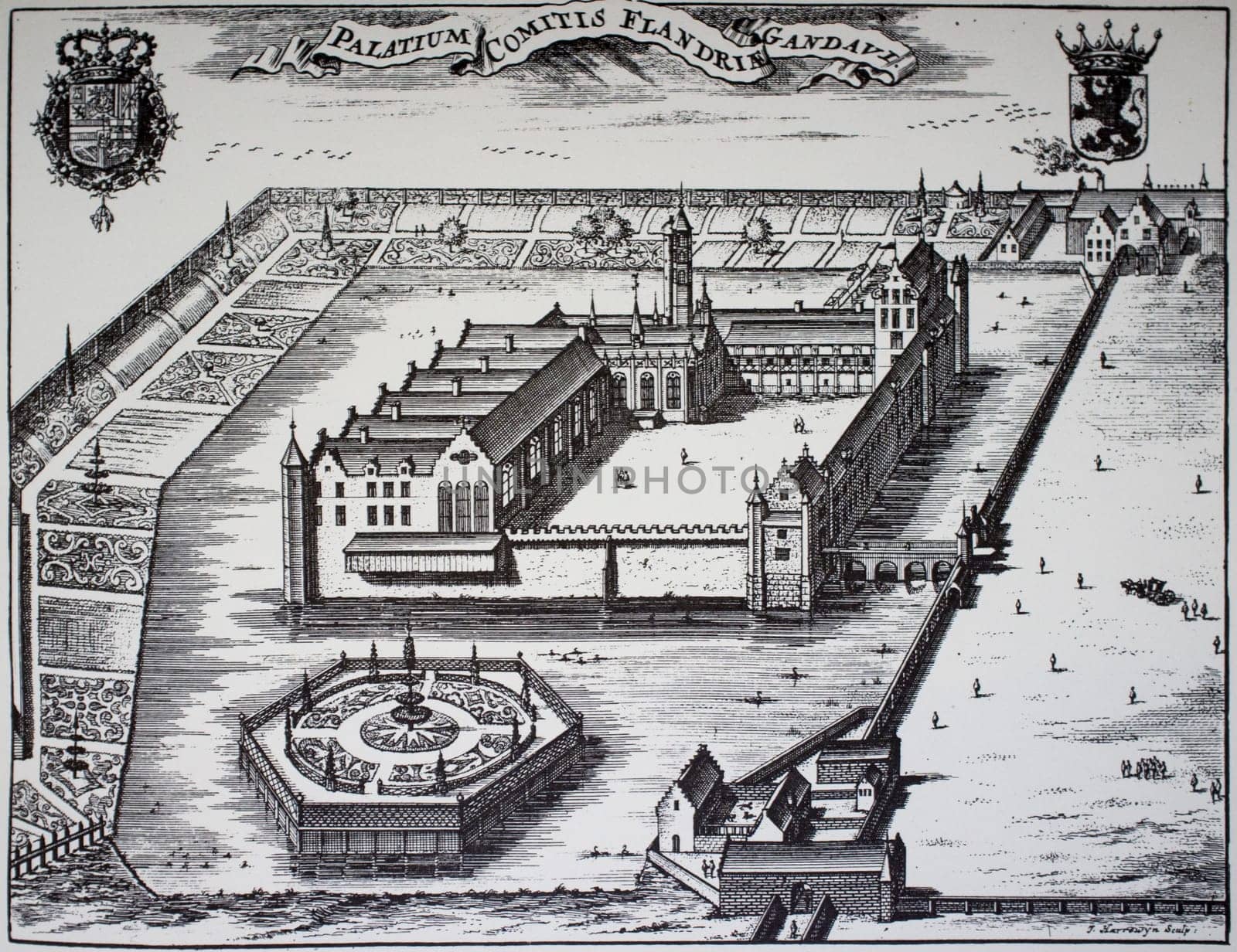 The Prinsenhof, historic building in Ghent, which served as the official residence of the Counts of Flanders from the 15th century. Engraving at Flandria Illustrata, a historiographical work by Antonius Sanderus, 1641
