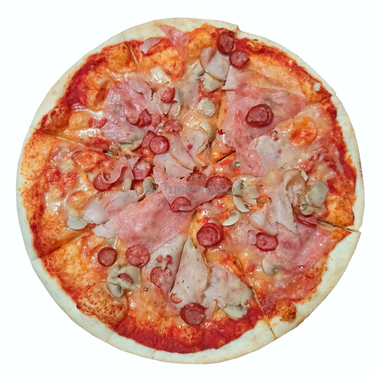 Fresh appetizing pizza with delicious ingredients isolated on white background. Tasty pizza on plate isolated on white background. Cooked fast food