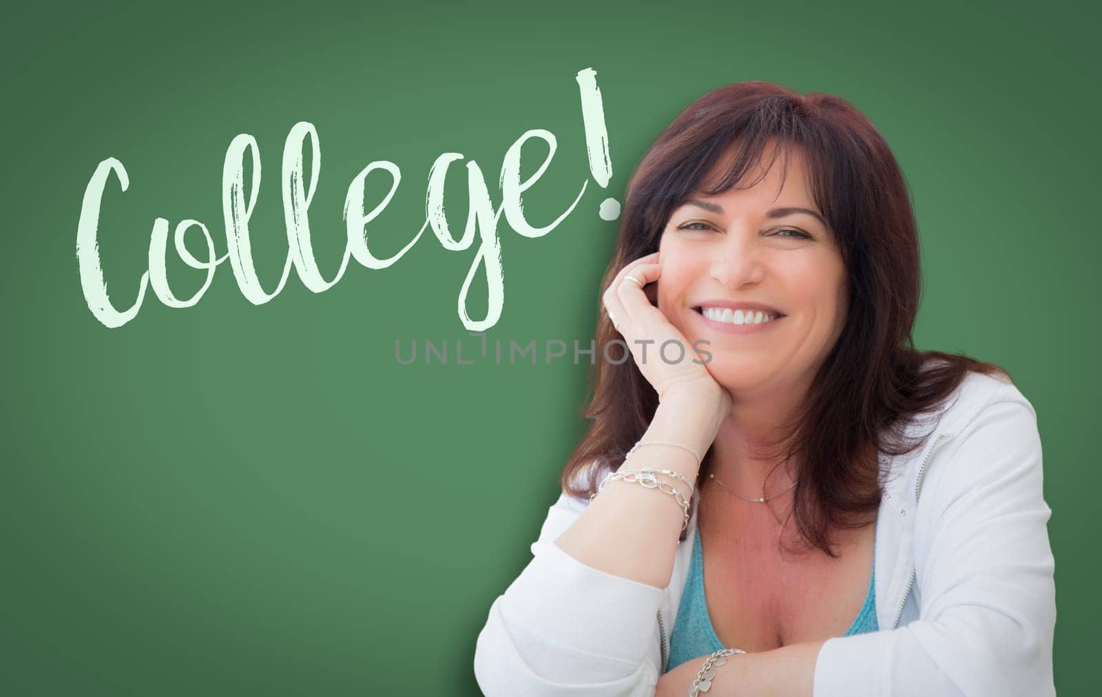 College Written On Green Chalkboard Behind Smiling Middle Aged Woman.