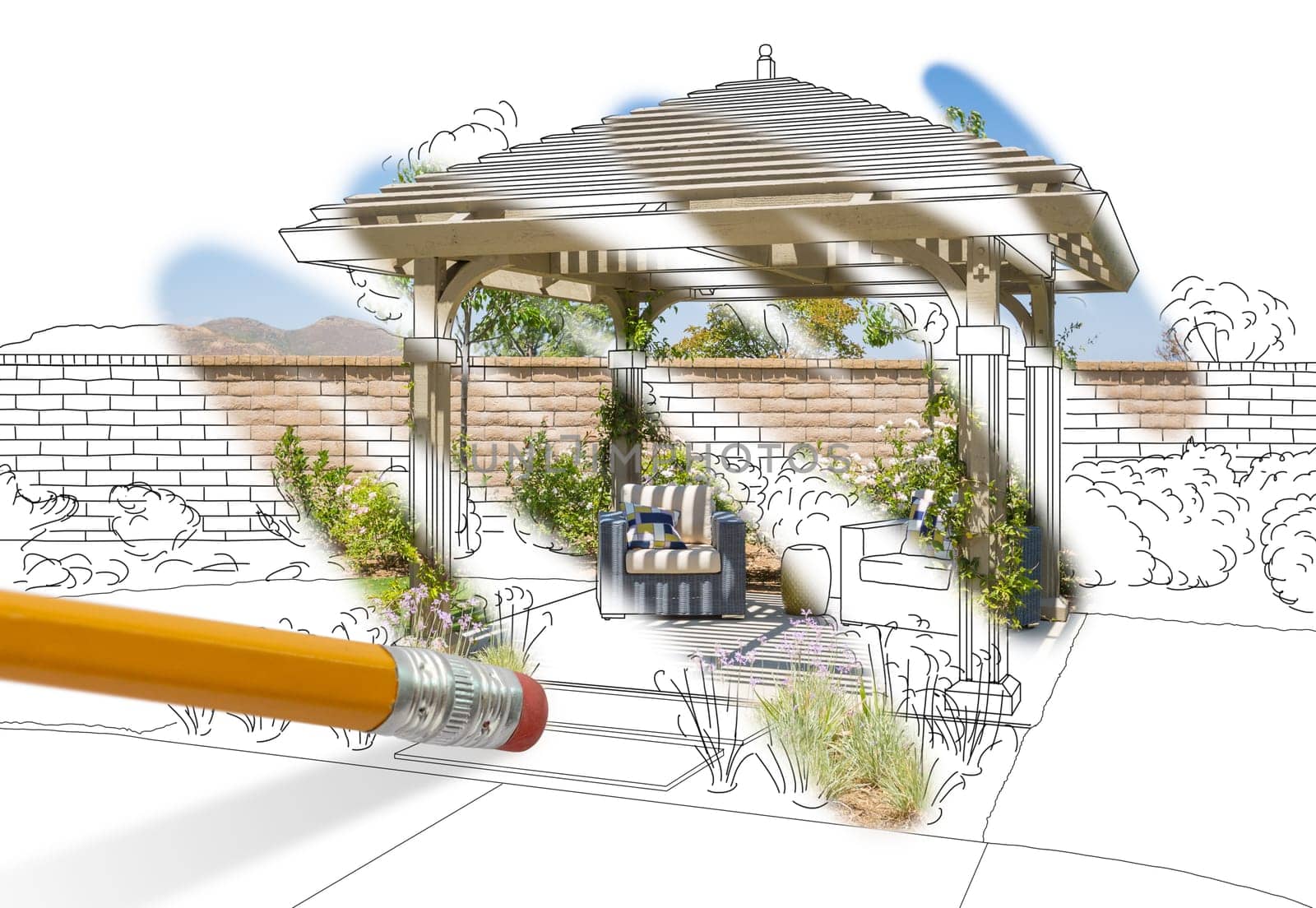 Pencil Erasing Drawing To Reveal Finished Pergola Patio Cover Design Photograph