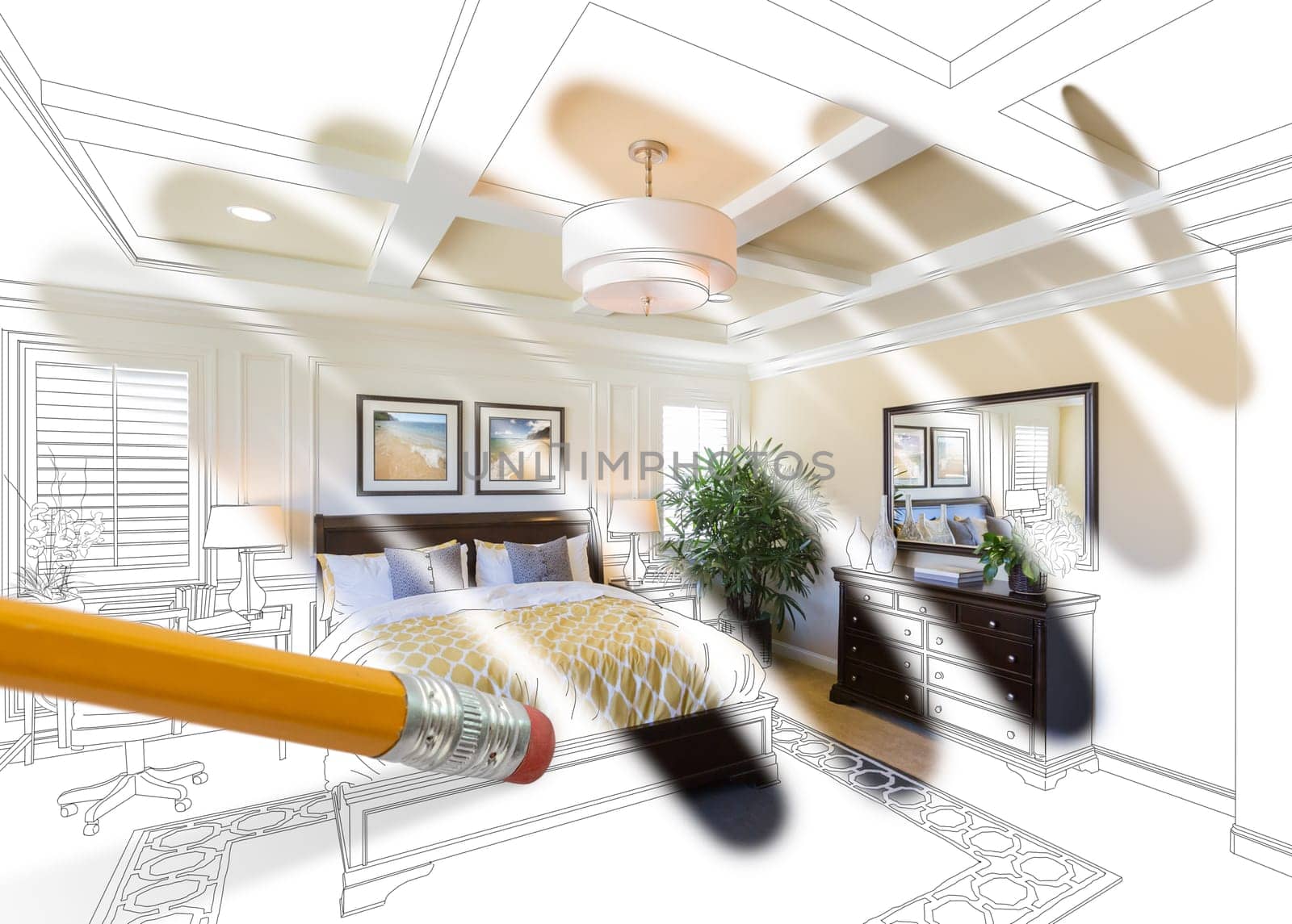 Pencil Erasing Drawing To Reveal Finished Custom Bedroom Design Photograph