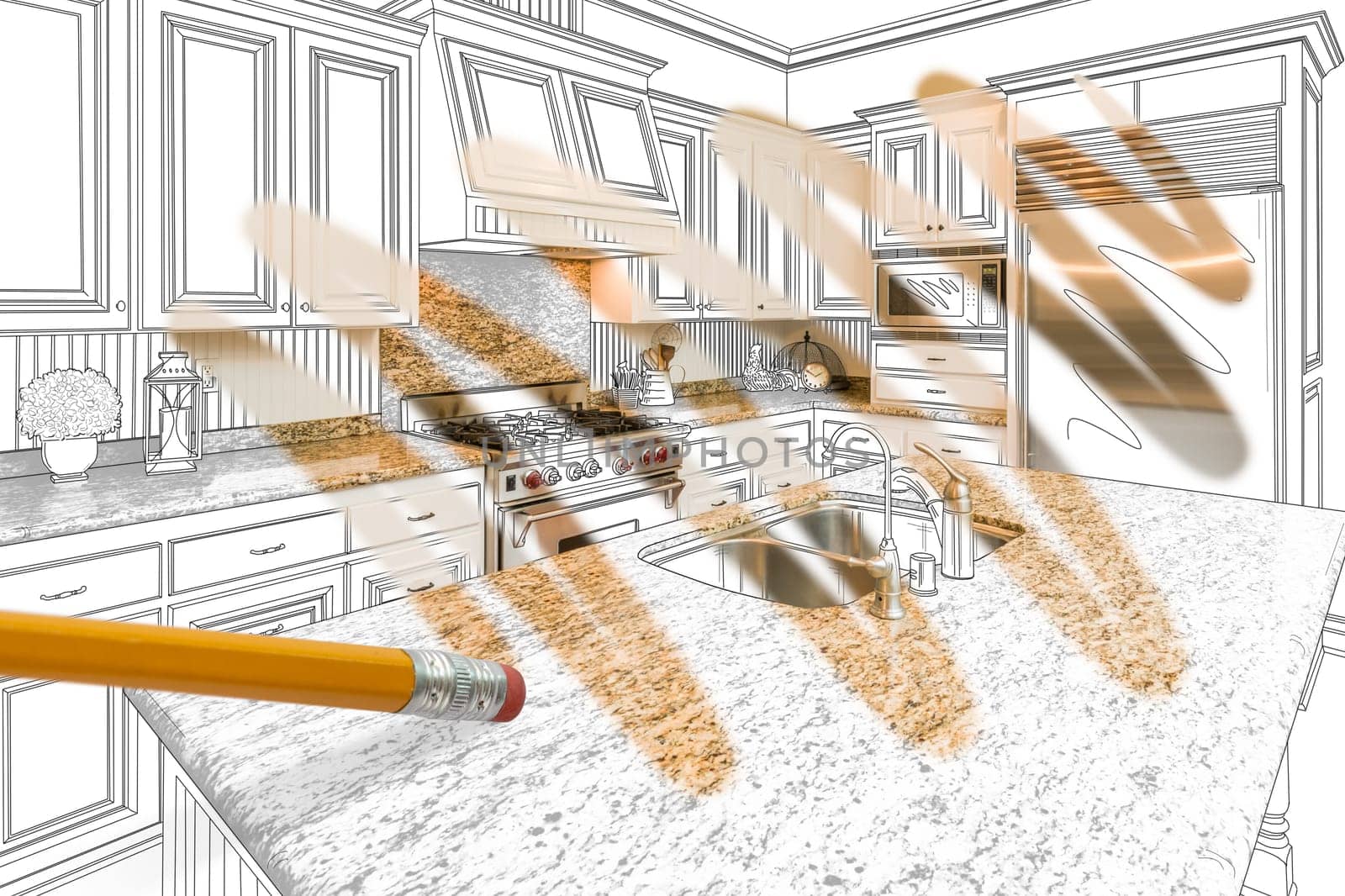 Pencil Erasing Drawing To Reveal Finished Custom Kitchen Design Photograph