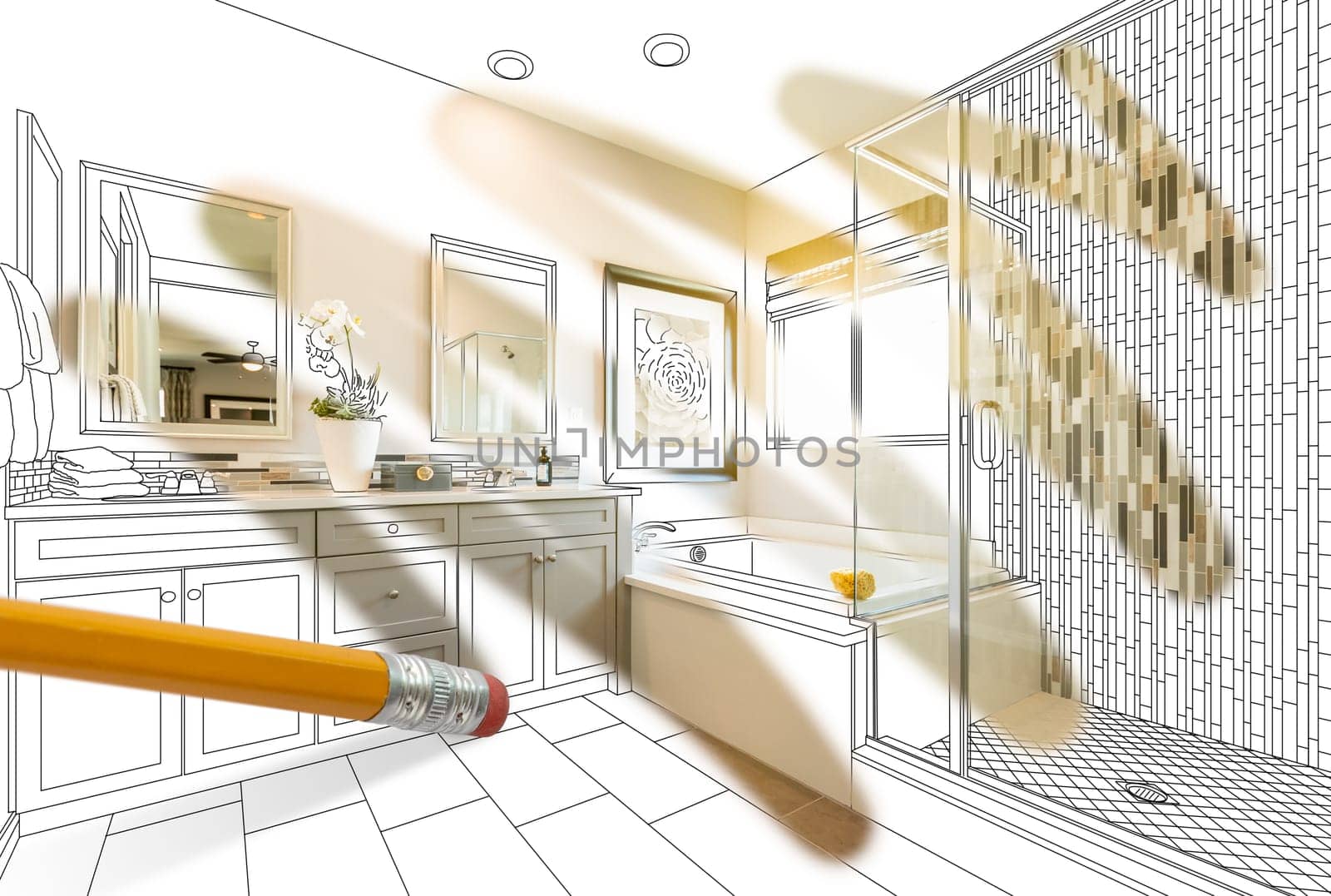Pencil Erasing Drawing To Reveal Finished Custom Bathroom Design Photograph